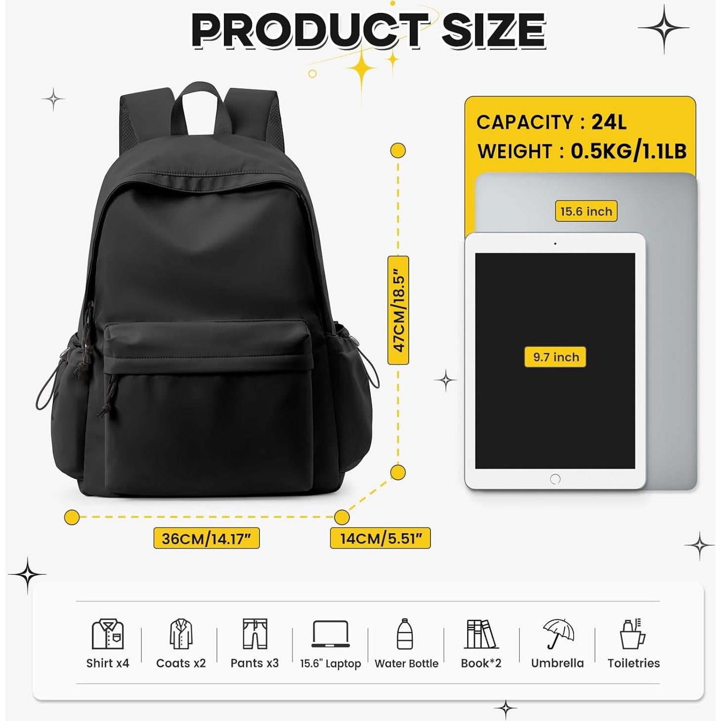 Mochila Grande Negra Impermeable 36x47x14 cm Unisex