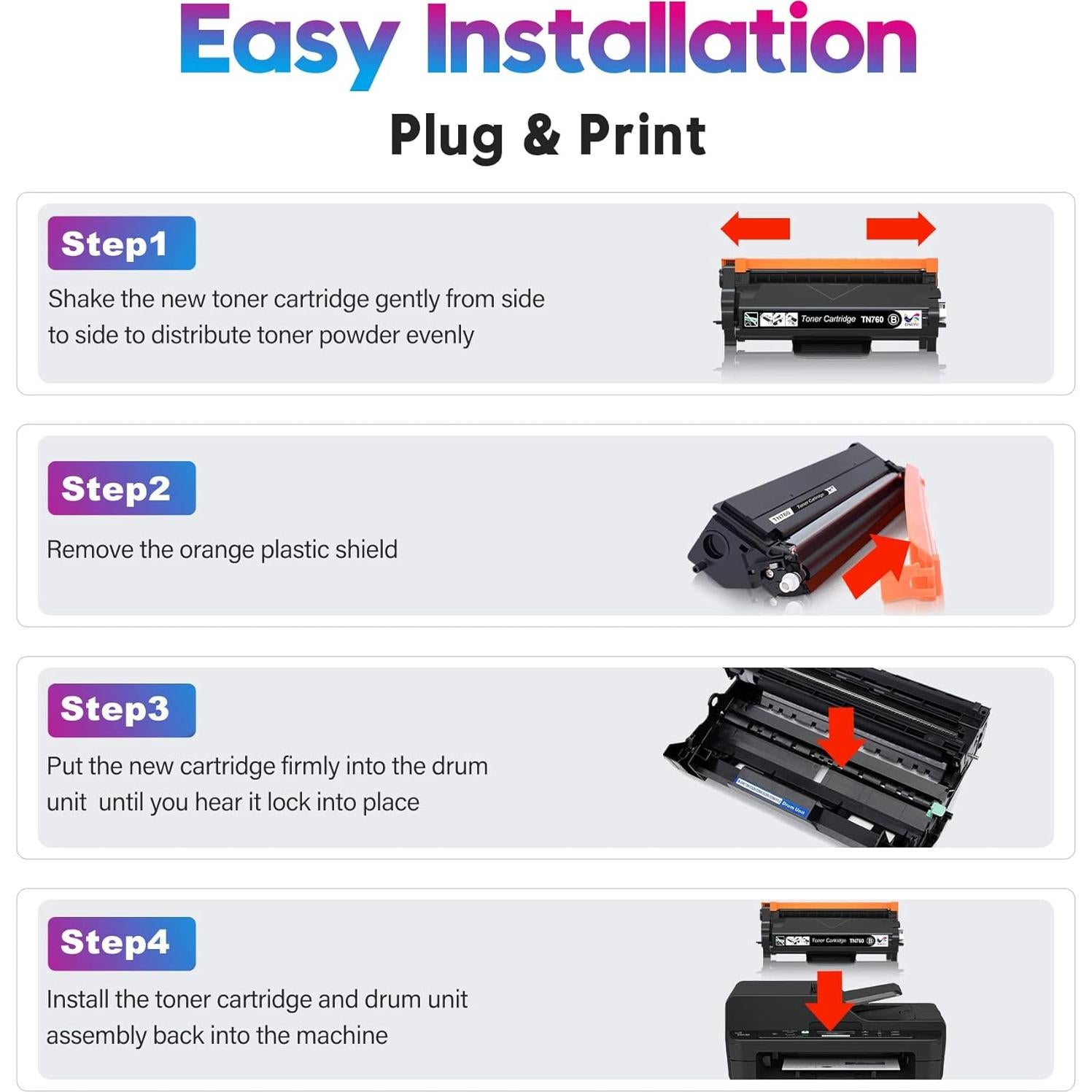 ONLYU TN760 Toner Cartridge High Yield Replacement Compatible for Brother TN760 TN-760 TN 760 TN-730 TN730 Toner for Brother Printer MFC-L2710DW MFC-L2750DW HL-L2350DW HL-L2395DW DCP-L2550DW (4-Black)