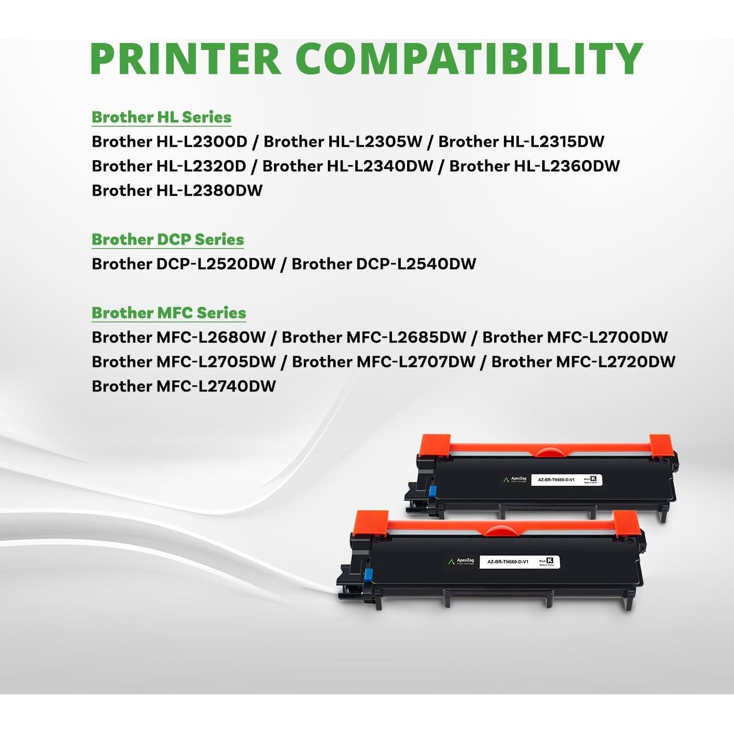 Cartucho de Tóner ApexZag TN660 Compatible para Brother - Negro (2 Paquete)