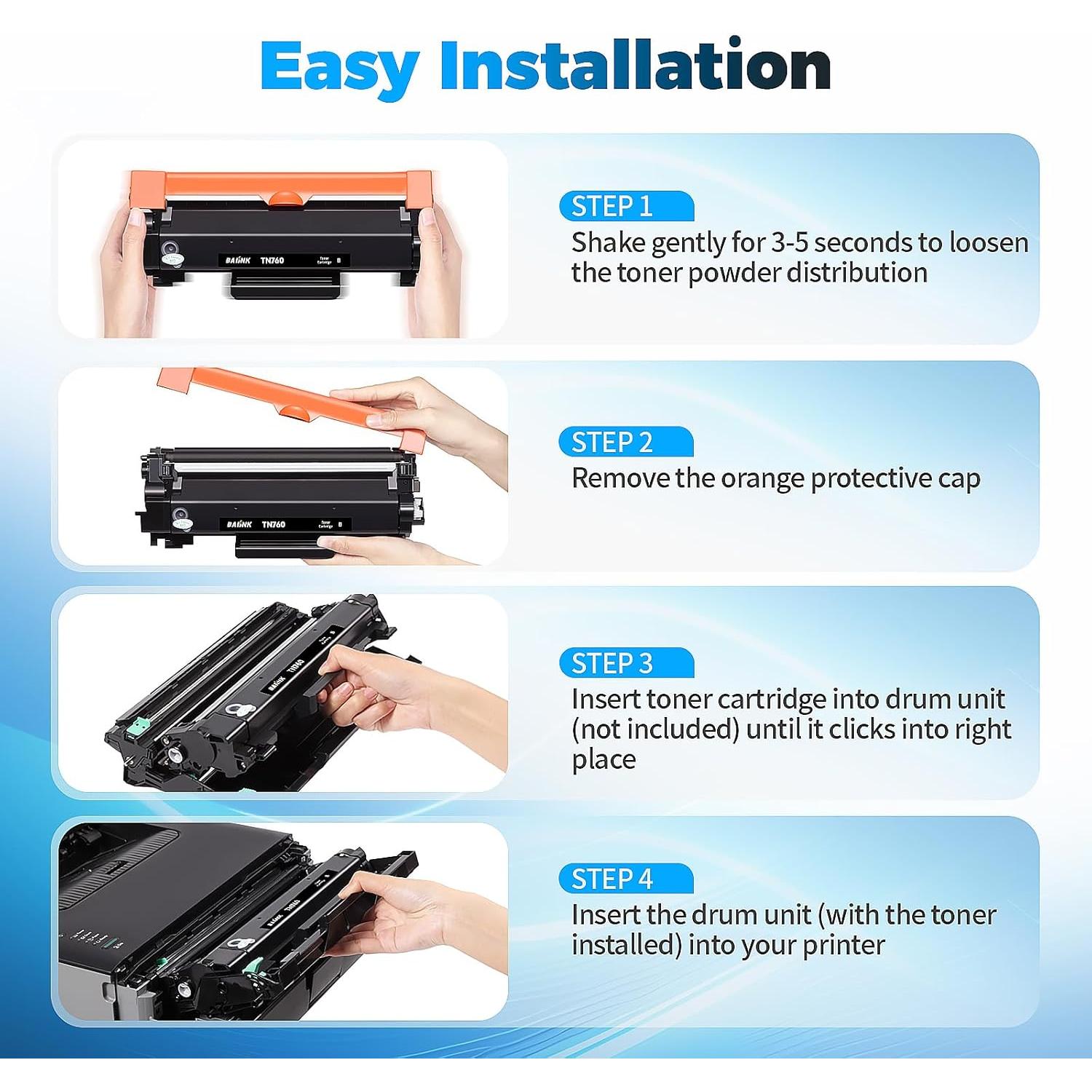 Cartucho de Tóner BAIINK TN760 Compatible con Brother - 4 Negro