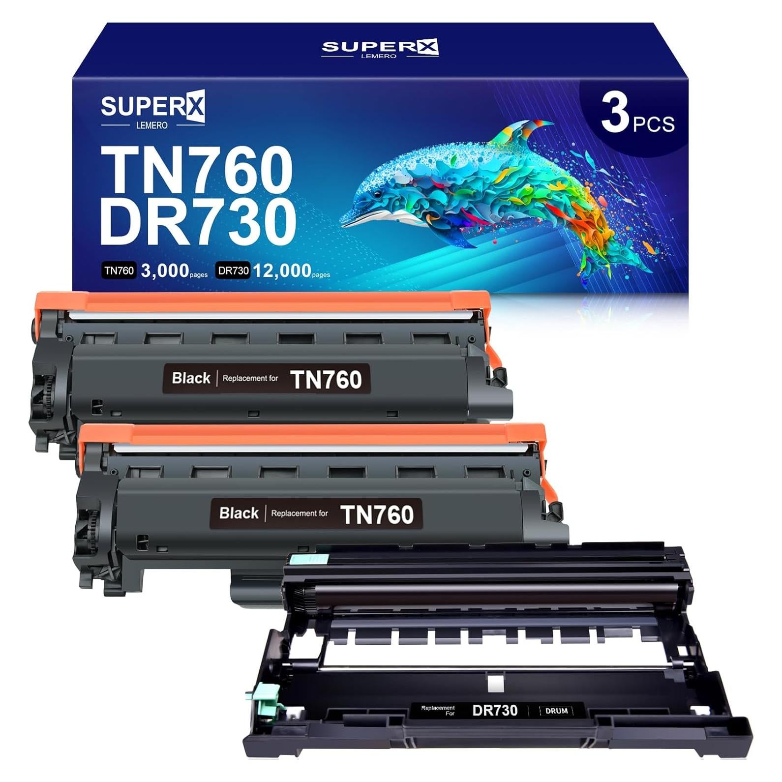 Cartucho de Tóner LEMERO SUPERX TN760 y Tambor DR730 - 3 Piezas