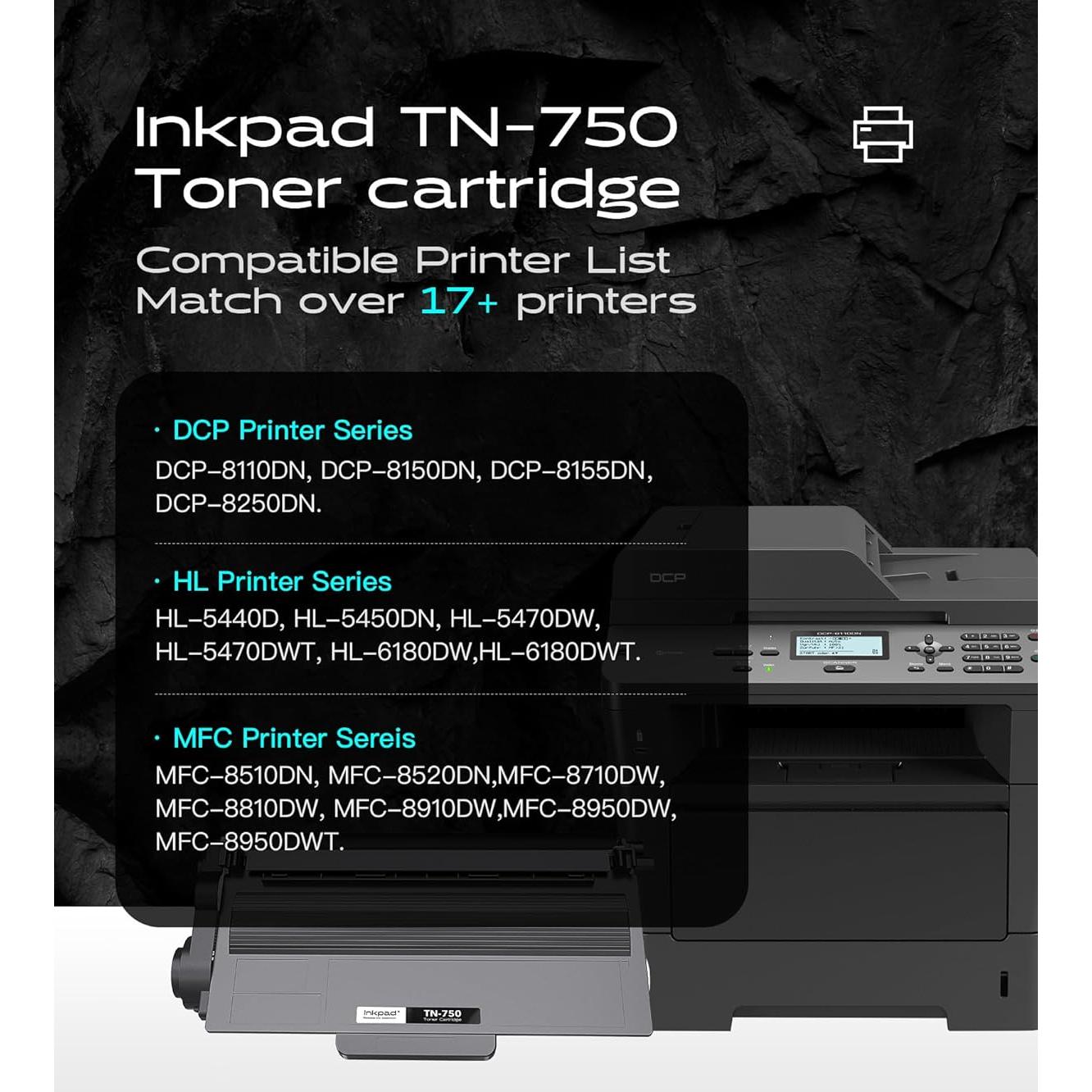 Cartuchos de Tóner Negro iNKPAD TN750 - 2 Paquetes, 8000 Páginas