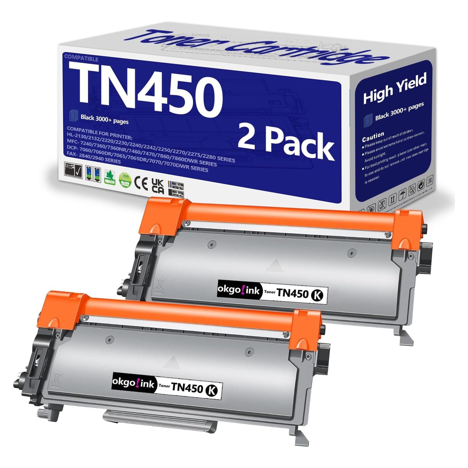 Cartucho de Tóner Compatible TN450 OKGO!INK Paquete de 2 Negro