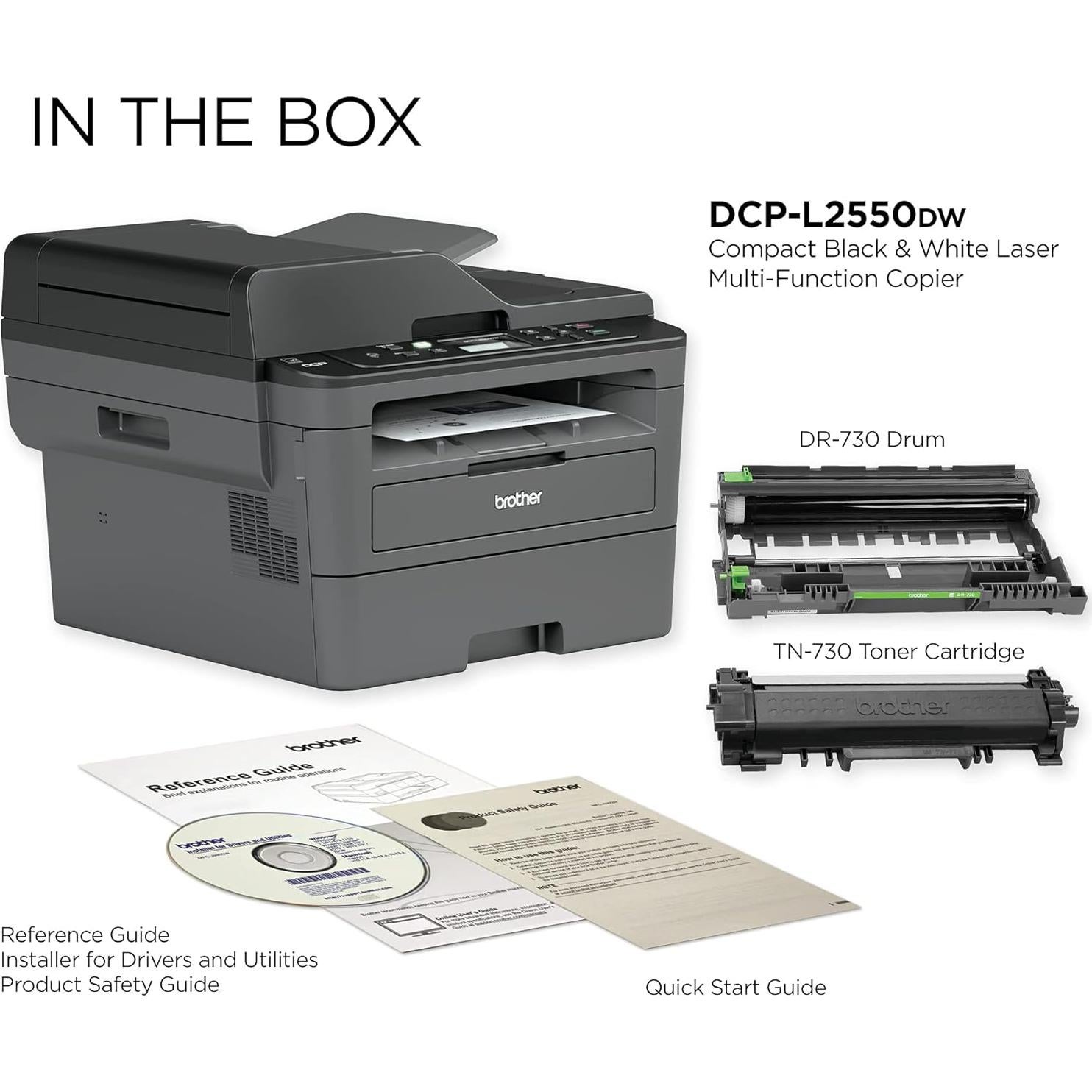 DCP-L2550DWB All-in-One Wireless Monochrome Laser Printer - Print Scan Copy - 2400 x 600 dpi, 36 ppm, 128MB Memory, 250-Sheet, 50-Sheet ADF, Automatic Duplex Printing, CBMOUN Printer Cable