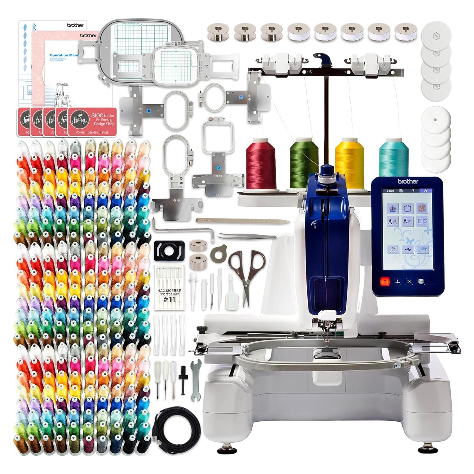 Persona PRS100 Single-Needle Embroidery Machine with Deluxe Accessories, 6 Hoops & 240 Embroidery Thread Spools Bundle