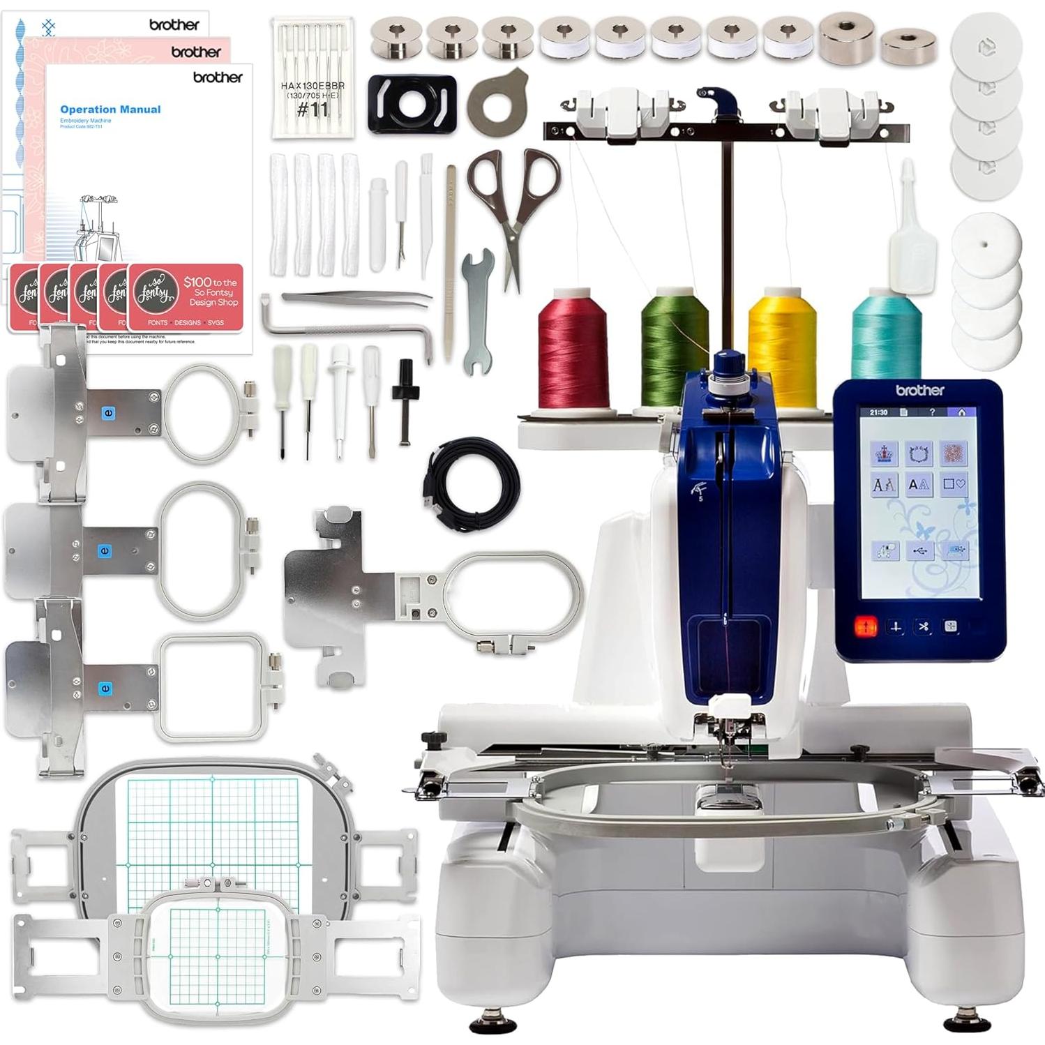 Persona PRS100 Single-Needle Embroidery Machine with Deluxe Accessories, 6 Hoops & 240 Embroidery Thread Spools Bundle