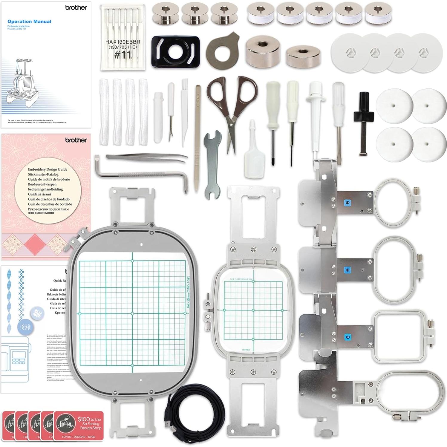 Persona PRS100 Single-Needle Embroidery Machine with Deluxe Accessories, 6 Hoops & 240 Embroidery Thread Spools Bundle