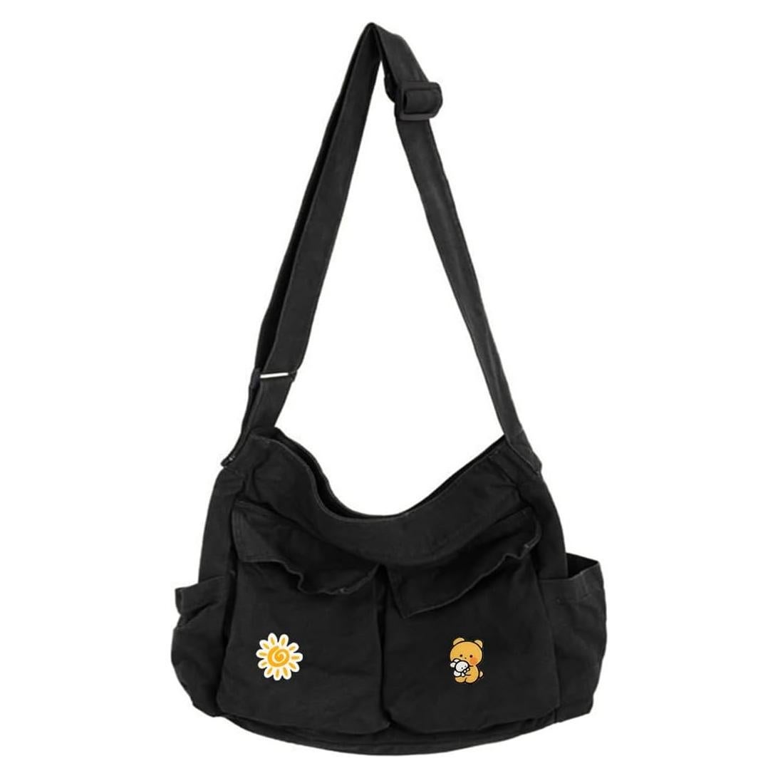 Bolsa Mensajera de Lona Hobo Negra con Múltiples Bolsillos