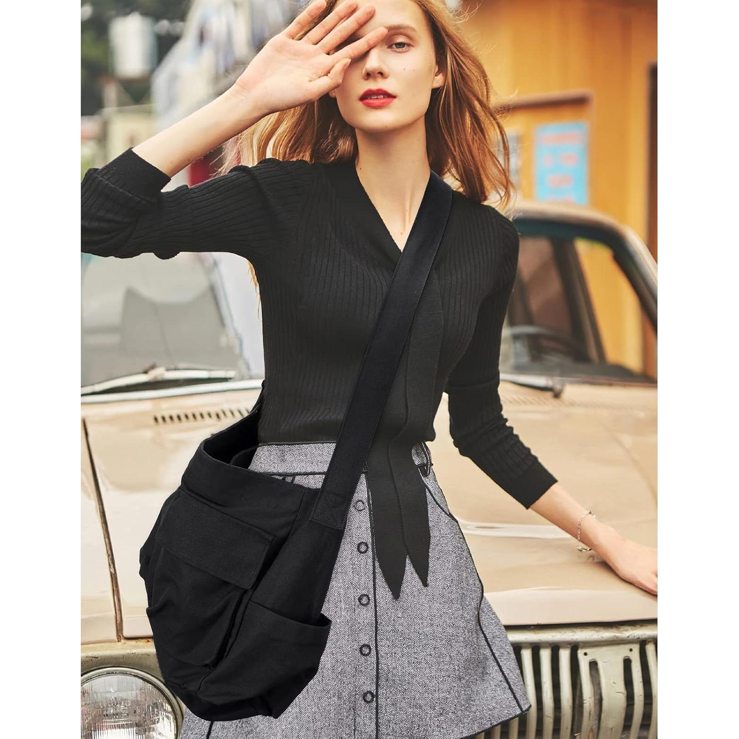 Bolsa Mensajera de Lona Hobo Negra con Múltiples Bolsillos