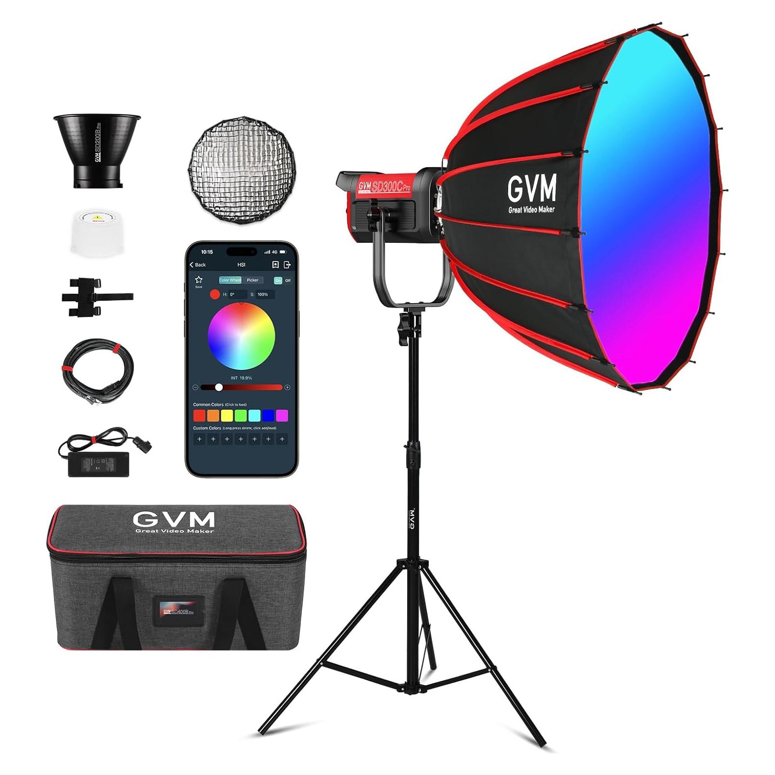 GVM RGB 300W Video Light Kit with Parabolic Softbox and Stand, Photography Lighting for Camera Studio Recording with Bowen Mount, COB Film Light with APP&DMX, Aluminum Alloy, 2000-10000K, CRI 97+
