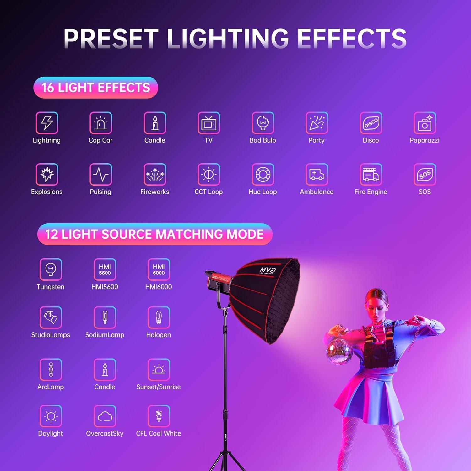 GVM RGB 300W Video Light Kit with Parabolic Softbox and Stand, Photography Lighting for Camera Studio Recording with Bowen Mount, COB Film Light with APP&DMX, Aluminum Alloy, 2000-10000K, CRI 97+