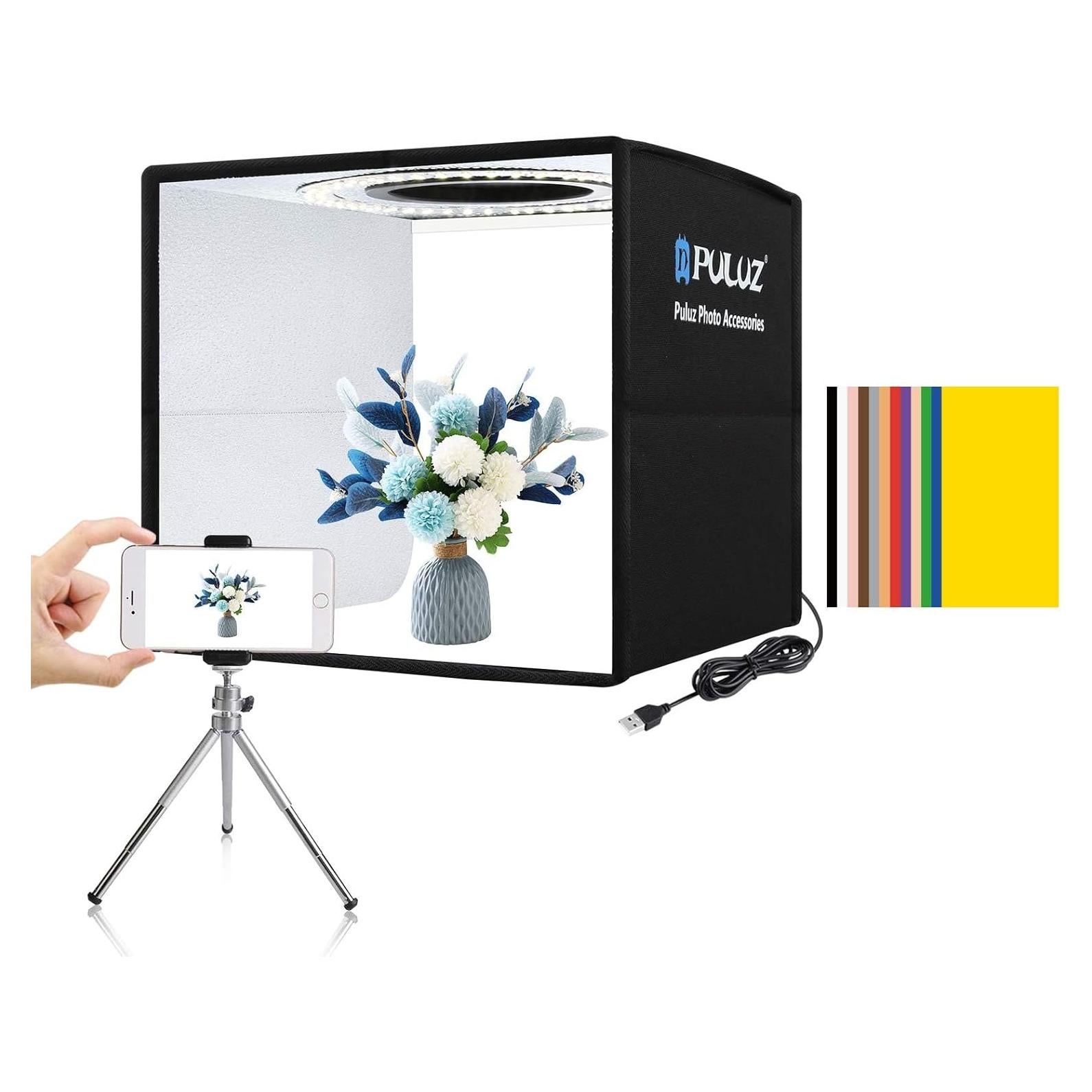 PULUZ Mini Photo Studio Light Box, Photo Shooting Tent kit, Portable Folding Photography Light Tent with CRI >95 104pcs LED Light & 6 Kinds Double-Sided Color Backgrounds for Small Size Products