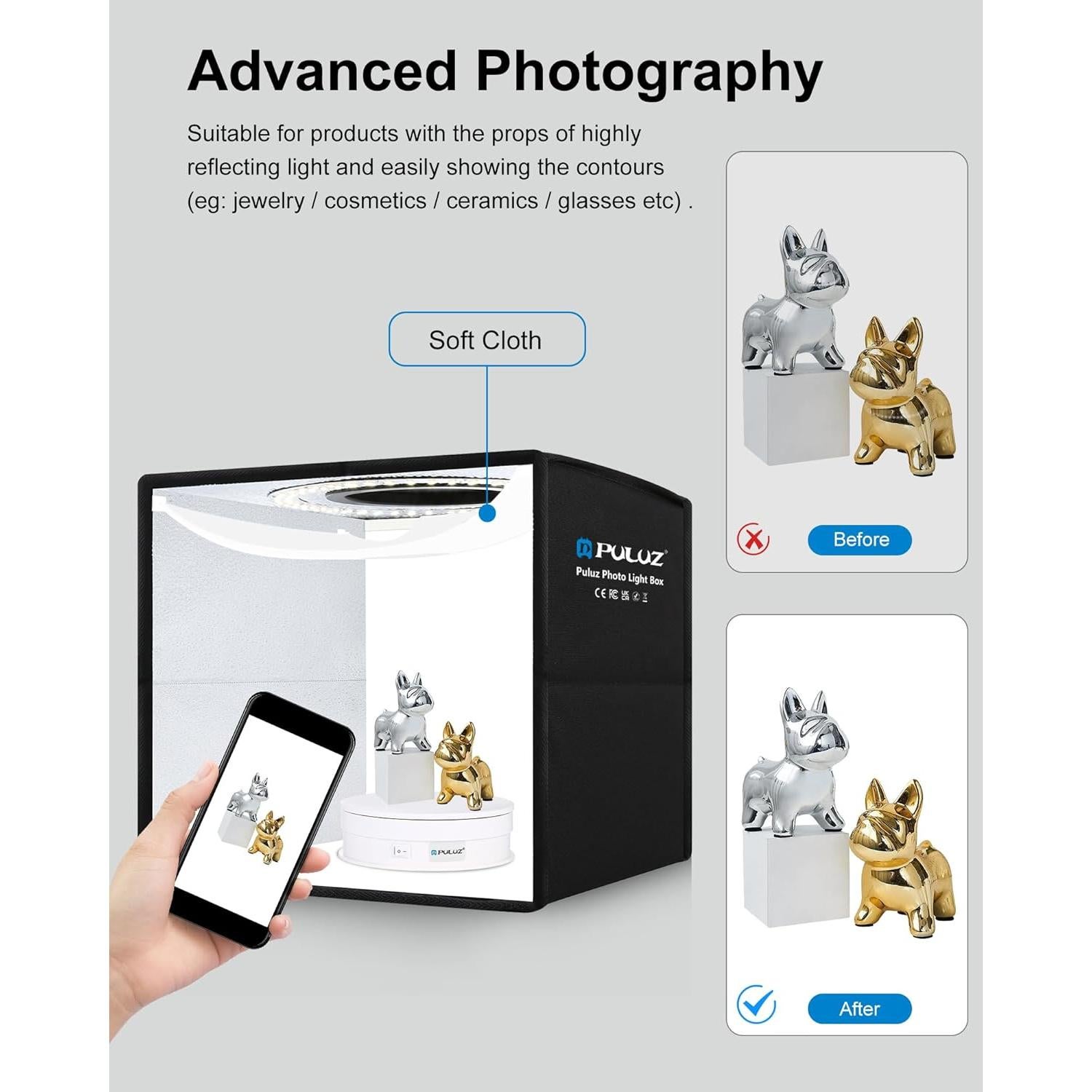 PULUZ Mini Photo Studio Light Box, Photo Shooting Tent kit, Portable Folding Photography Light Tent with CRI >95 104pcs LED Light & 6 Kinds Double-Sided Color Backgrounds for Small Size Products