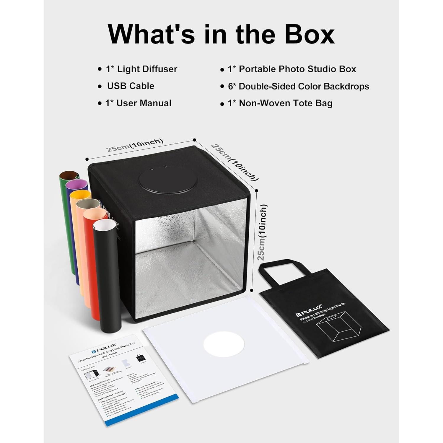 PULUZ Mini Photo Studio Light Box, Photo Shooting Tent kit, Portable Folding Photography Light Tent with CRI >95 104pcs LED Light & 6 Kinds Double-Sided Color Backgrounds for Small Size Products