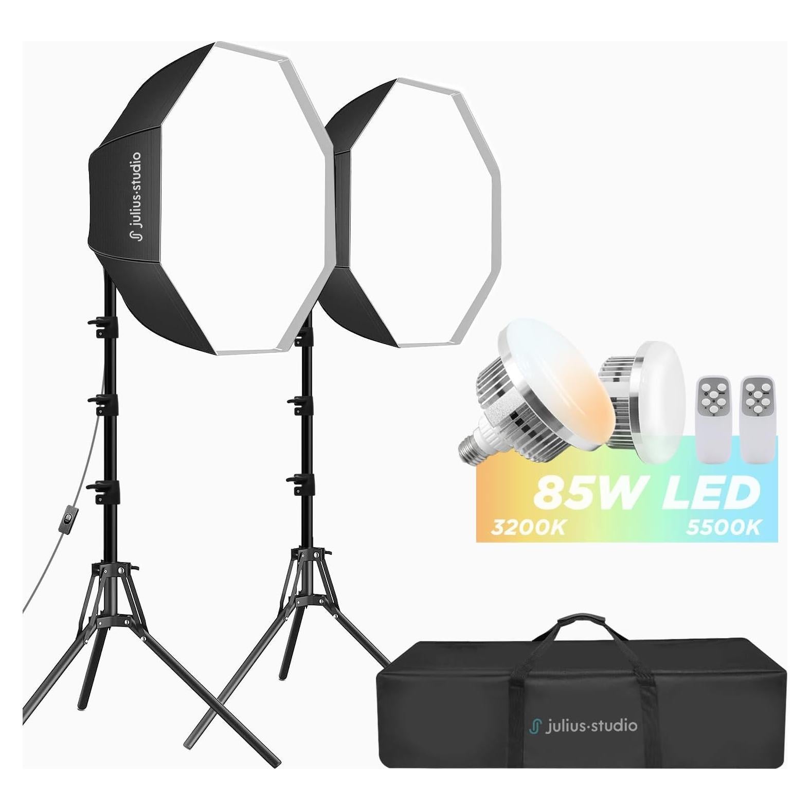Julius Studio [2 Set] 27-inch LED Softbox Octagonal Lighting Kit, 85W LED Bulb with Remote Controller, Extreme High Brightness 6300Lm, Color Control, CRI>95, Stand & Carry Bag, JSAG485