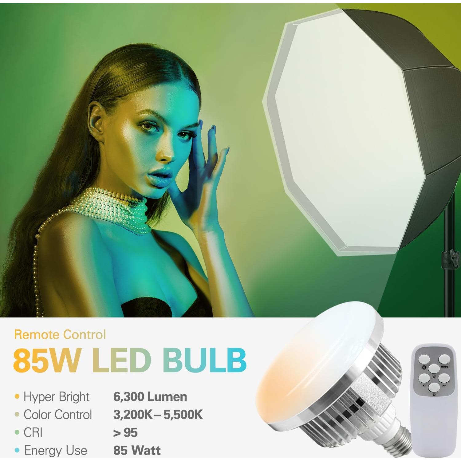 Julius Studio [2 Set] 27-inch LED Softbox Octagonal Lighting Kit, 85W LED Bulb with Remote Controller, Extreme High Brightness 6300Lm, Color Control, CRI>95, Stand & Carry Bag, JSAG485