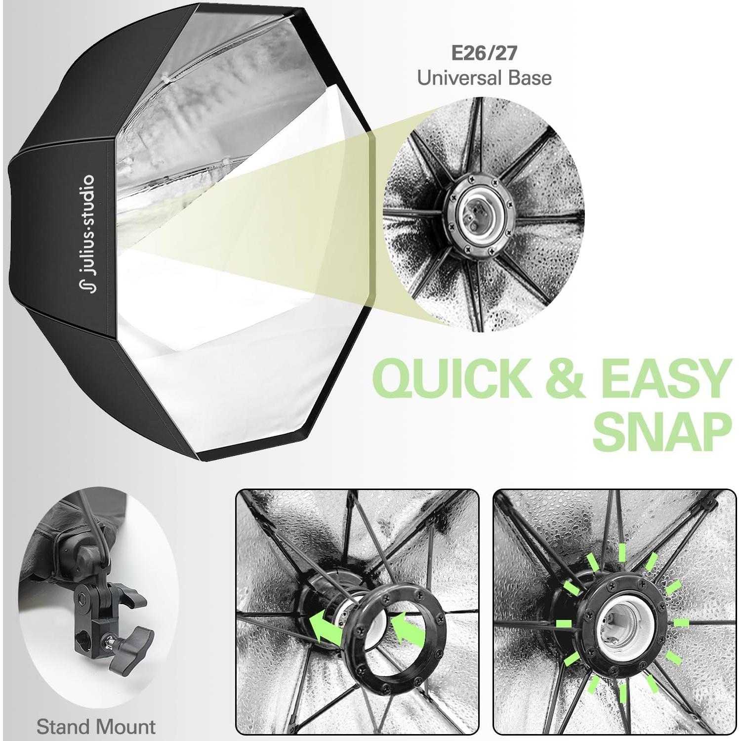 Julius Studio [2 Set] 27-inch LED Softbox Octagonal Lighting Kit, 85W LED Bulb with Remote Controller, Extreme High Brightness 6300Lm, Color Control, CRI>95, Stand & Carry Bag, JSAG485