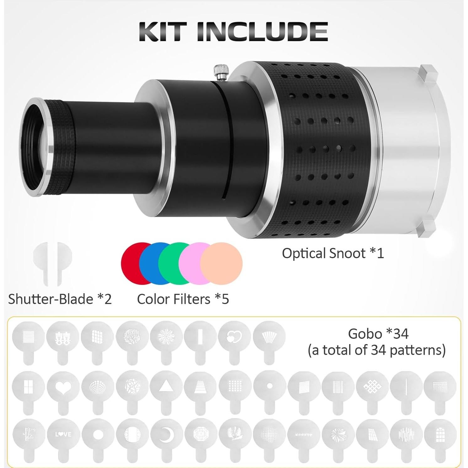 Kit Snoot Óptico Bowens NULBOFU con 34 Gobos y 5 Filtros