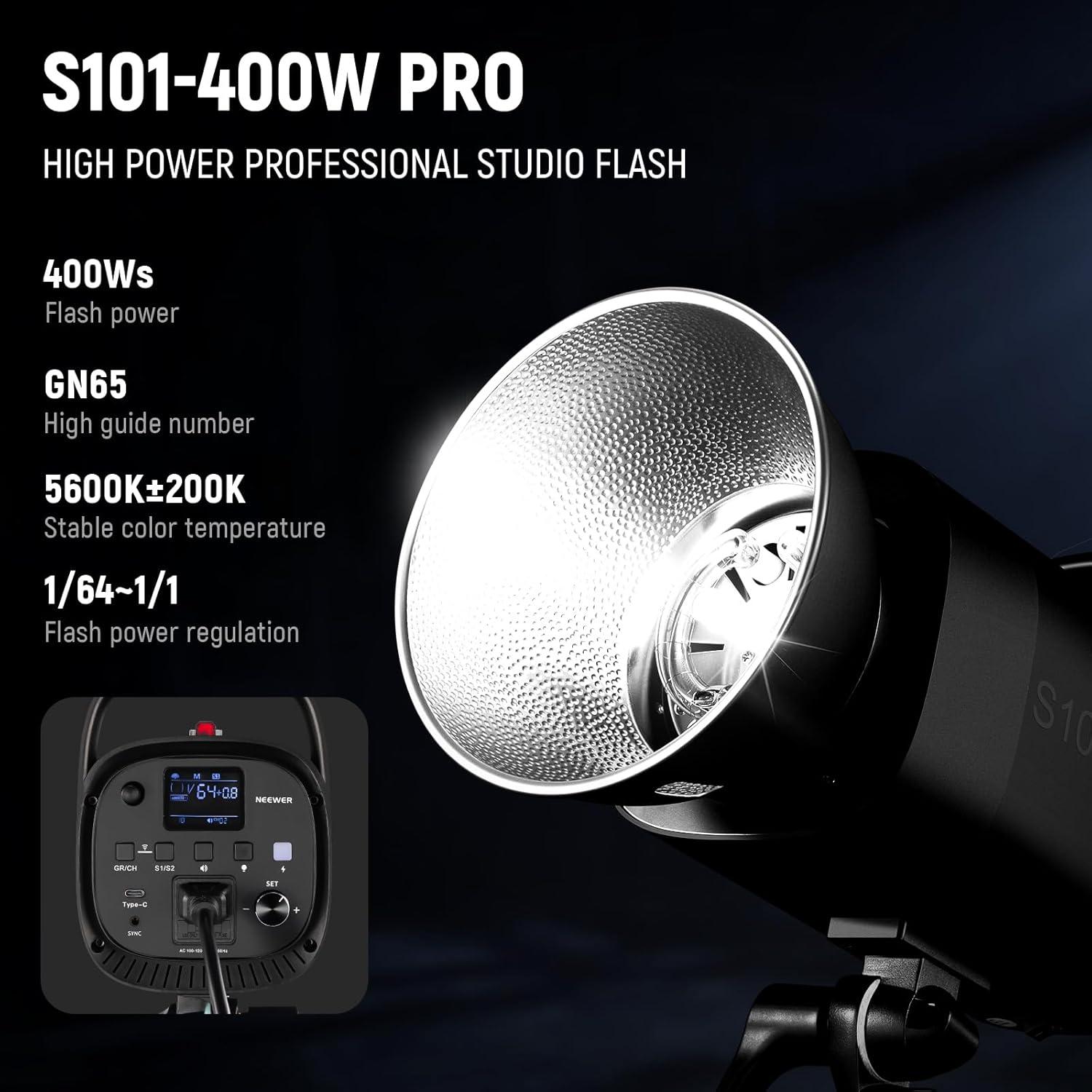 NEEWER 800Ws Studio Monolight Flash Light Kit: 2 Pack S101-400W PRO 5600K Strobe Lights with 2.4G Trigger/150W Modeling Lamps/Bowens Mount/Softboxes/Stands/Reflector/Bag, Compatible with QPRO