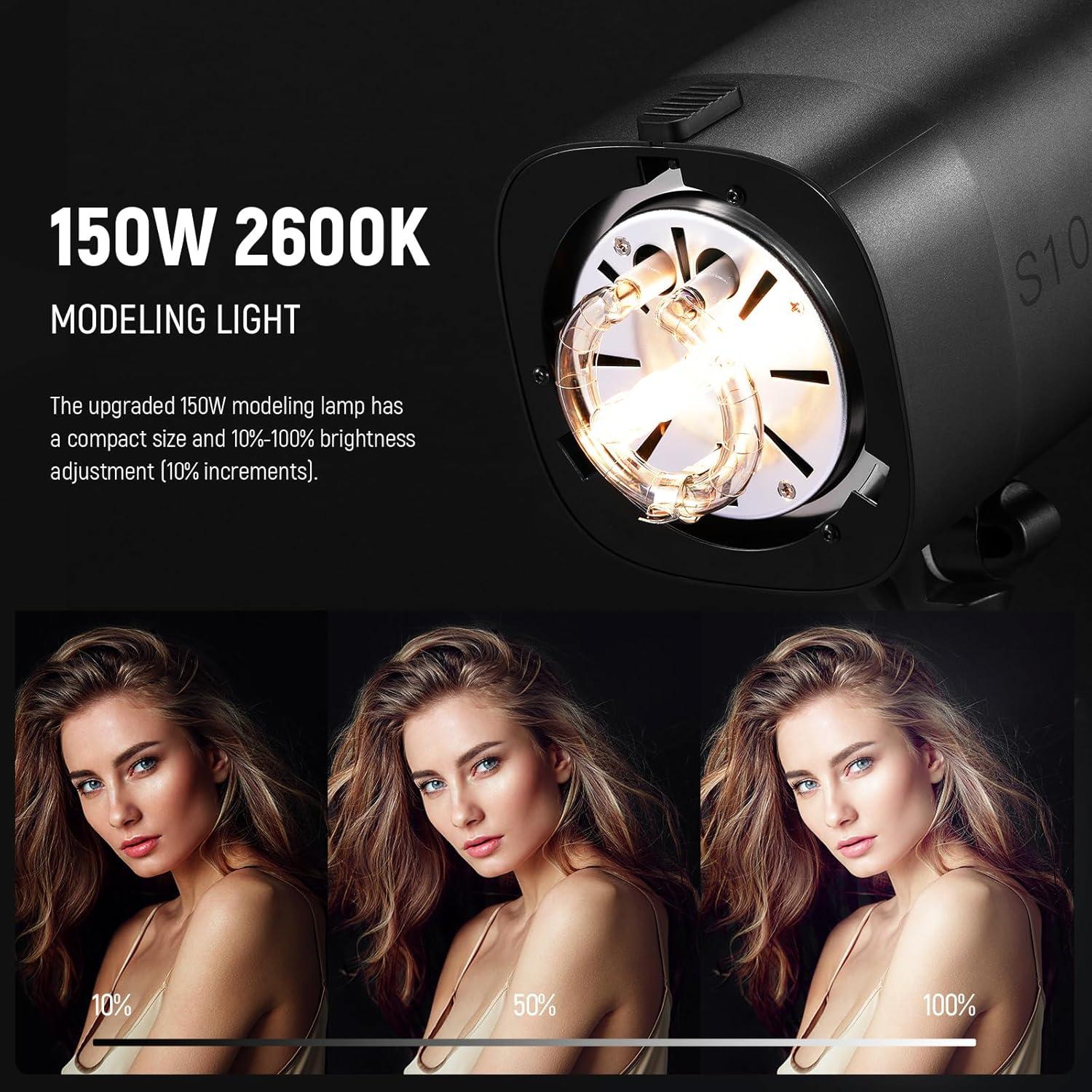 NEEWER 800Ws Studio Monolight Flash Light Kit: 2 Pack S101-400W PRO 5600K Strobe Lights with 2.4G Trigger/150W Modeling Lamps/Bowens Mount/Softboxes/Stands/Reflector/Bag, Compatible with QPRO
