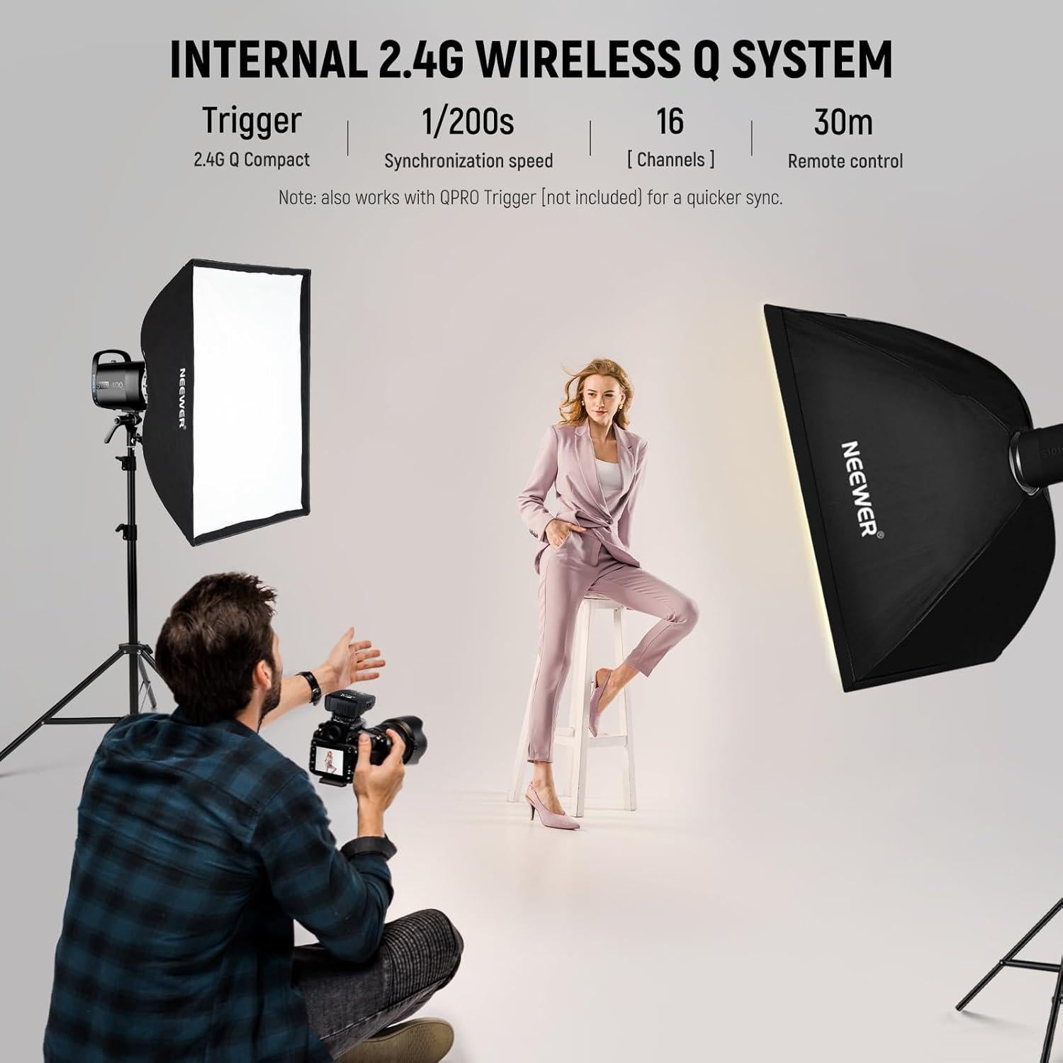 NEEWER 800Ws Studio Monolight Flash Light Kit: 2 Pack S101-400W PRO 5600K Strobe Lights with 2.4G Trigger/150W Modeling Lamps/Bowens Mount/Softboxes/Stands/Reflector/Bag, Compatible with QPRO