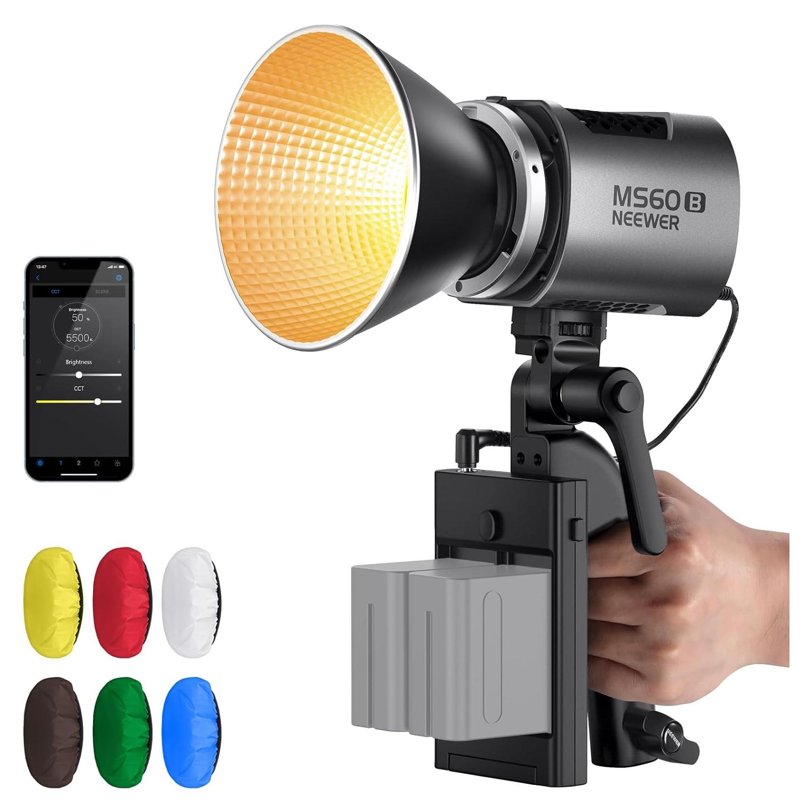 NEEWER MS60B LED Video Light with 6 Color Diffusers Kit, 65W Mini COB 2.4G/APP Control Bi Color 2700K-6500K Continuous Output Lighting 40000lux/m CRI97+ TLCI98+ 12 Scenes, PWM Dimming, Bowens Mount