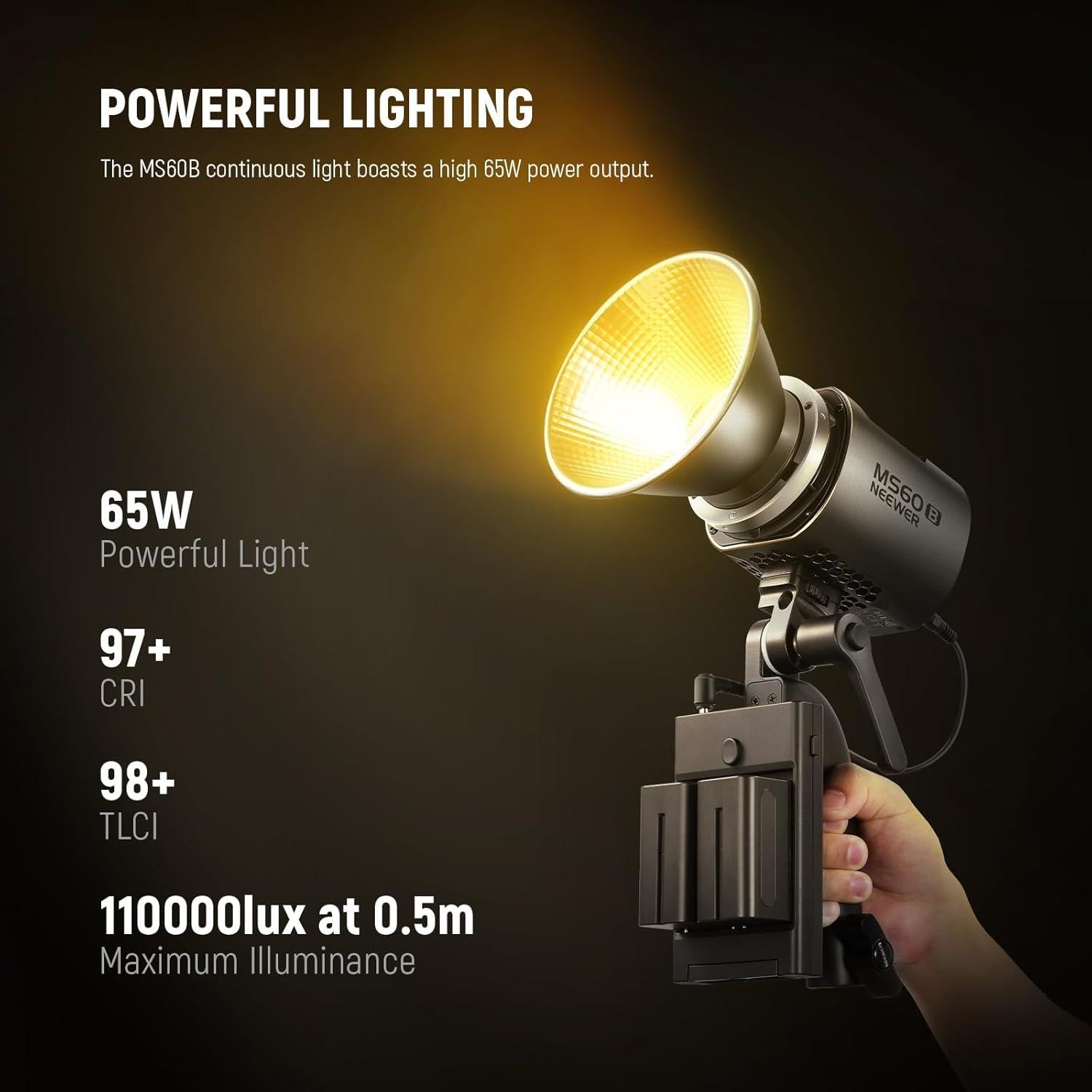 NEEWER MS60B LED Video Light with 6 Color Diffusers Kit, 65W Mini COB 2.4G/APP Control Bi Color 2700K-6500K Continuous Output Lighting 40000lux/m CRI97+ TLCI98+ 12 Scenes, PWM Dimming, Bowens Mount