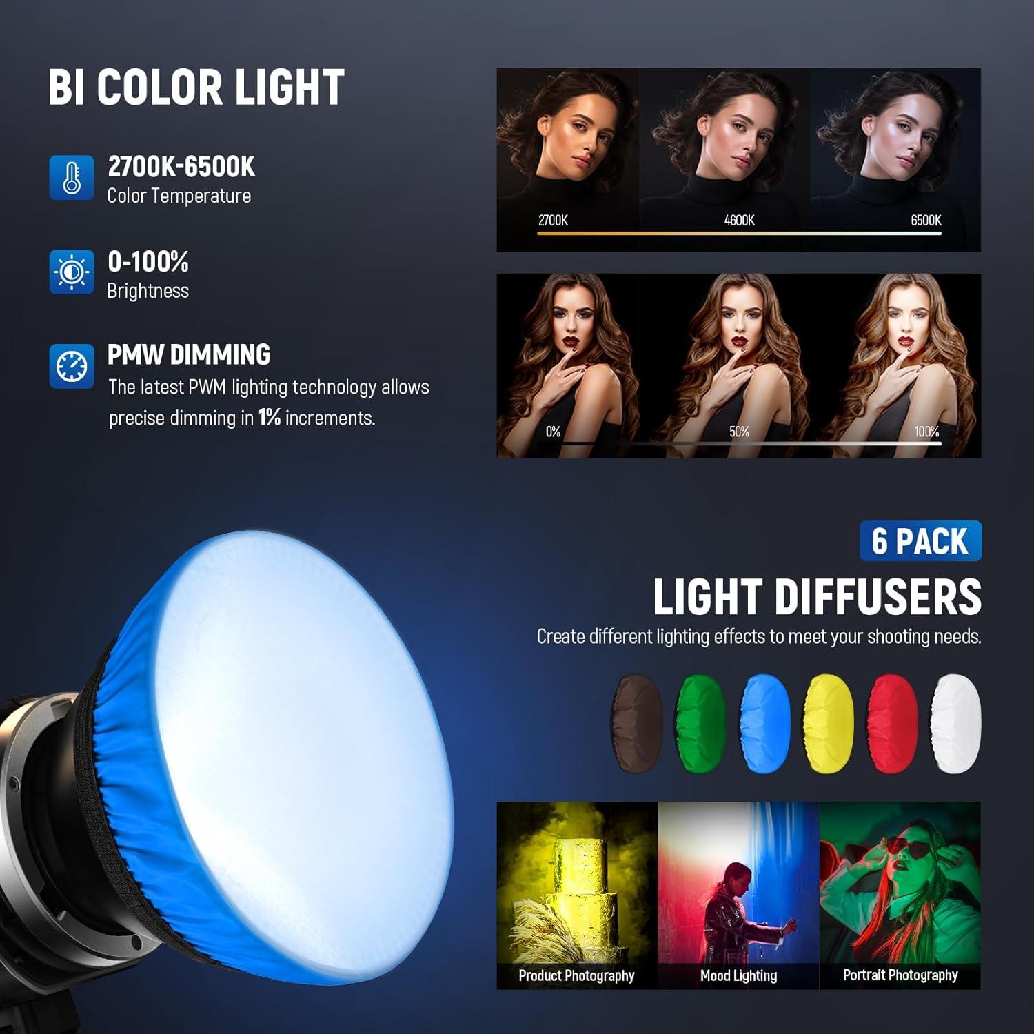 NEEWER MS60B LED Video Light with 6 Color Diffusers Kit, 65W Mini COB 2.4G/APP Control Bi Color 2700K-6500K Continuous Output Lighting 40000lux/m CRI97+ TLCI98+ 12 Scenes, PWM Dimming, Bowens Mount