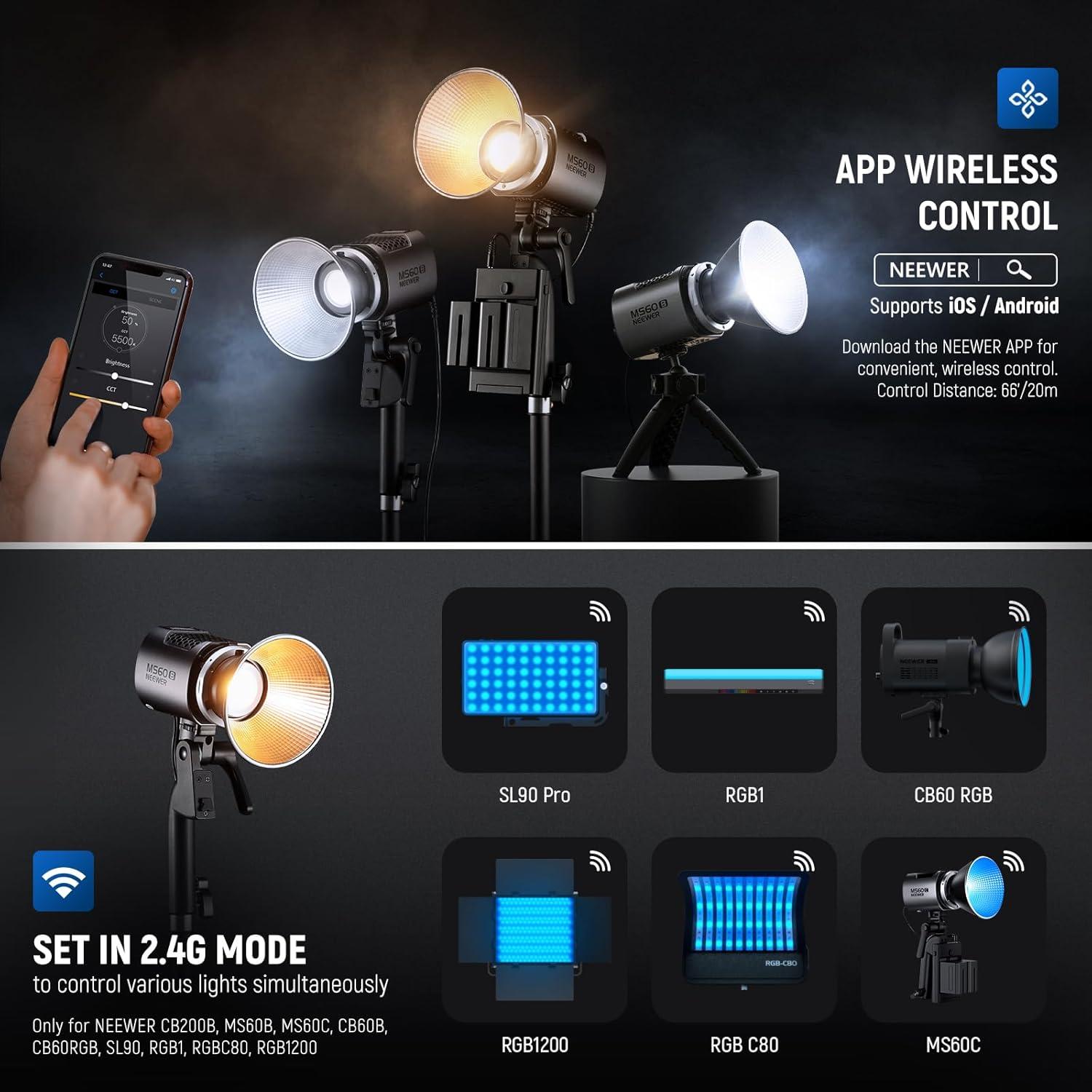 NEEWER MS60B LED Video Light with 6 Color Diffusers Kit, 65W Mini COB 2.4G/APP Control Bi Color 2700K-6500K Continuous Output Lighting 40000lux/m CRI97+ TLCI98+ 12 Scenes, PWM Dimming, Bowens Mount