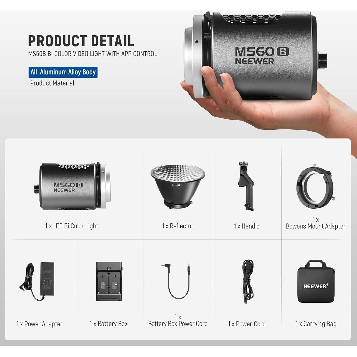 NEEWER MS60B LED Video Light with 6 Color Diffusers Kit, 65W Mini COB 2.4G/APP Control Bi Color 2700K-6500K Continuous Output Lighting 40000lux/m CRI97+ TLCI98+ 12 Scenes, PWM Dimming, Bowens Mount