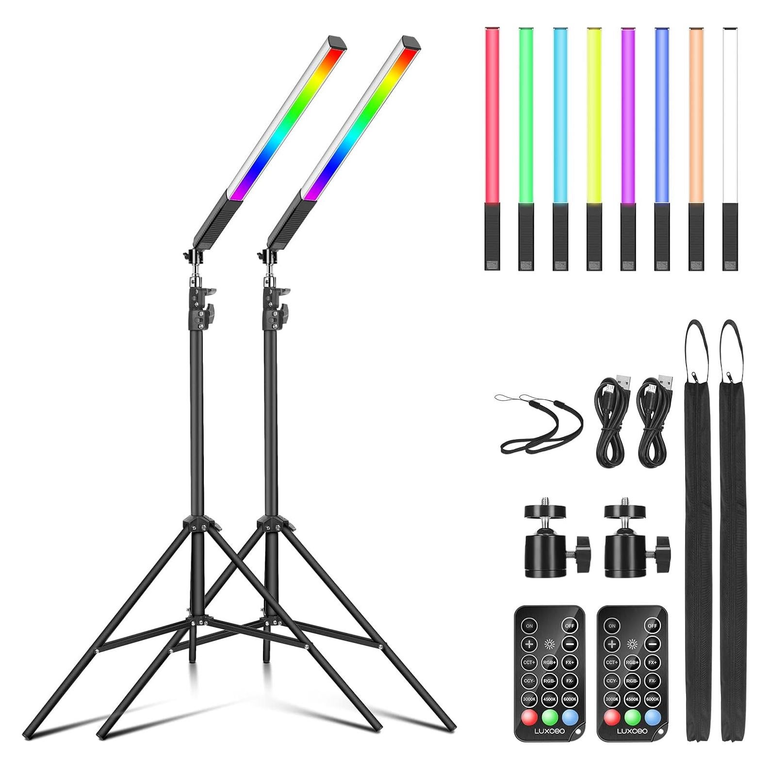 2 Pack RGB LED Video Light Wand Stick, LUXCEO Photography Studio Lighting Kits with 29" to 81" Tripod & Remote Control, Dimmable Photography Light Wand 36 Colors 3000K-6000K