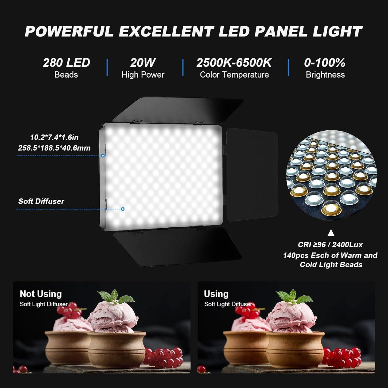 2Pack LED Panel Video Light with Barn Door, 12.6in Bi Color 280 LED Bead 2400Lux 2500-6500K CRI 96+ Photography Video Lighting for Video Recording/Filming/Photoshoot Shooting/Live Streaming/YouTube