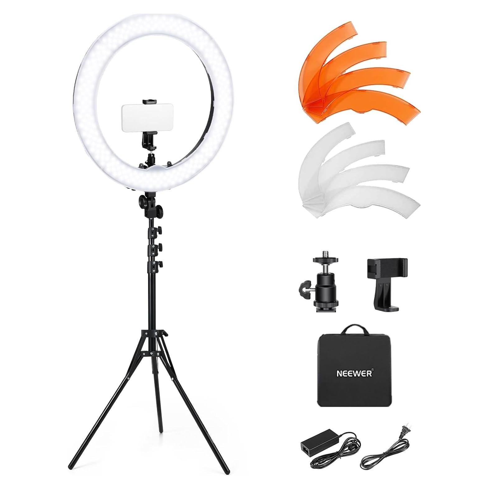 NEEWER 58W 18"/45cm Ring Light Kit, 3200K & 5600K Bi Color Dimmable CRI95 LED Selfie Lighting for iPhone with Tripod Stand/Phone Holder/Cold Shoe for Makeup Studio Video Recording Photography, RL-18