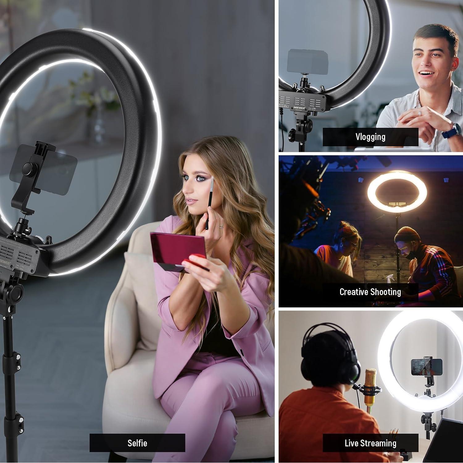 NEEWER 58W 18"/45cm Ring Light Kit, 3200K & 5600K Bi Color Dimmable CRI95 LED Selfie Lighting for iPhone with Tripod Stand/Phone Holder/Cold Shoe for Makeup Studio Video Recording Photography, RL-18