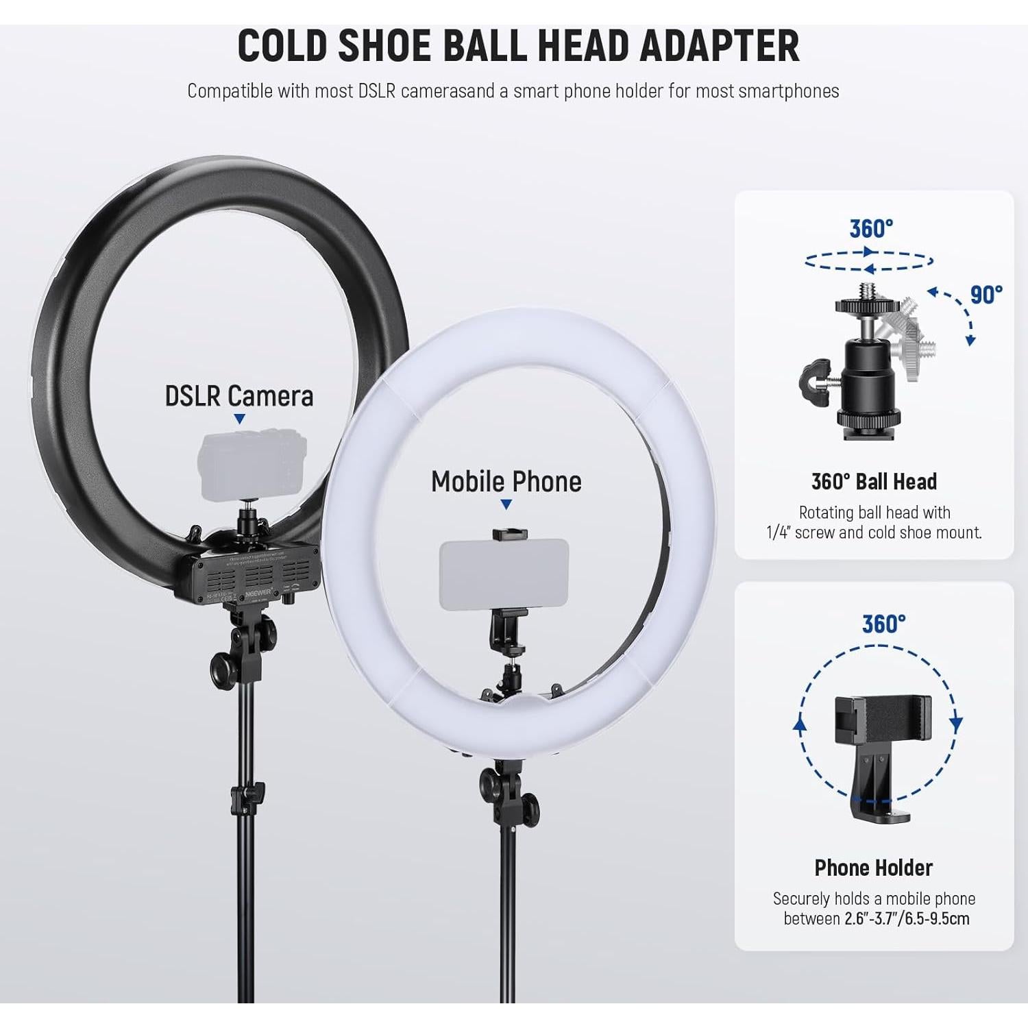 NEEWER 58W 18"/45cm Ring Light Kit, 3200K & 5600K Bi Color Dimmable CRI95 LED Selfie Lighting for iPhone with Tripod Stand/Phone Holder/Cold Shoe for Makeup Studio Video Recording Photography, RL-18