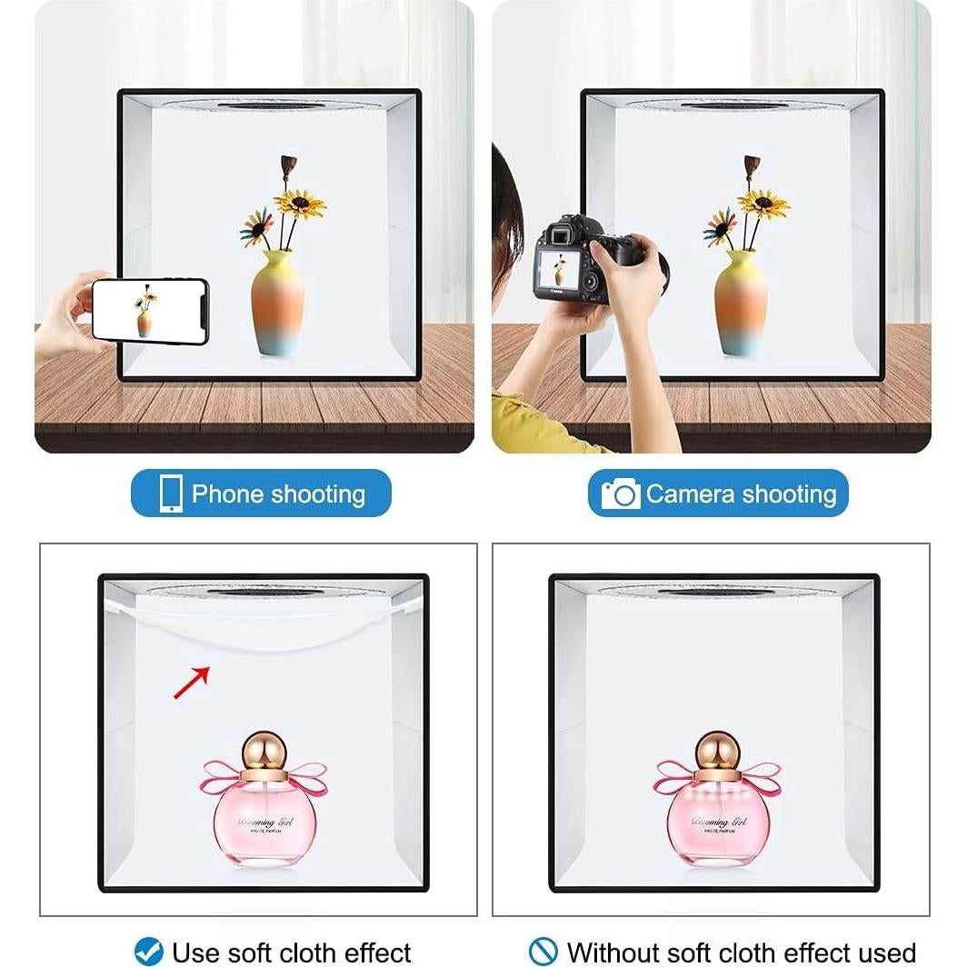 Photo Box 16" x 16" Quick Install Foldable Portable Studio Kit with Soft Light Cloth Professional Photography Equipment Adjustable White Light, Soft Light, Warm Light
