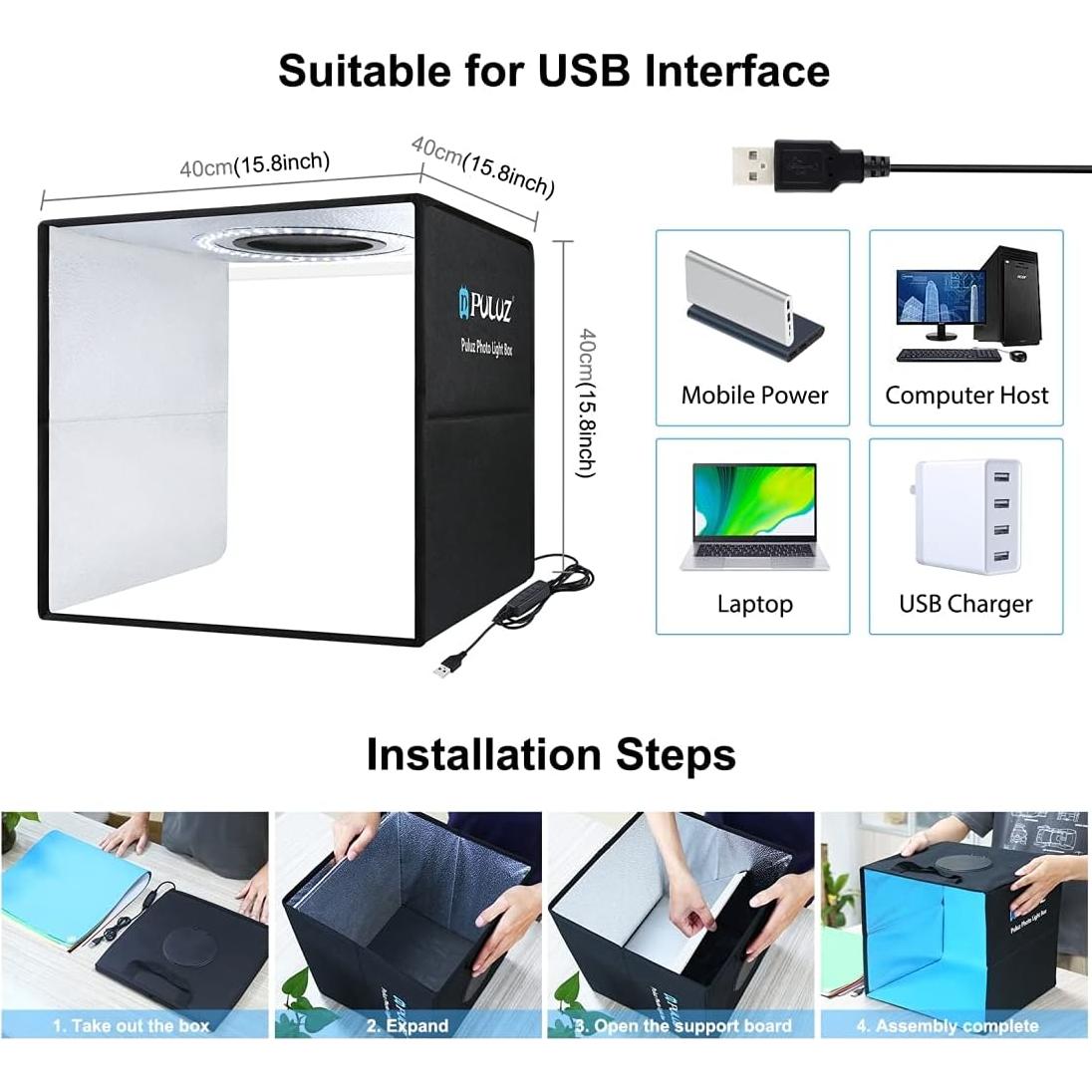 Photo Box 16" x 16" Quick Install Foldable Portable Studio Kit with Soft Light Cloth Professional Photography Equipment Adjustable White Light, Soft Light, Warm Light