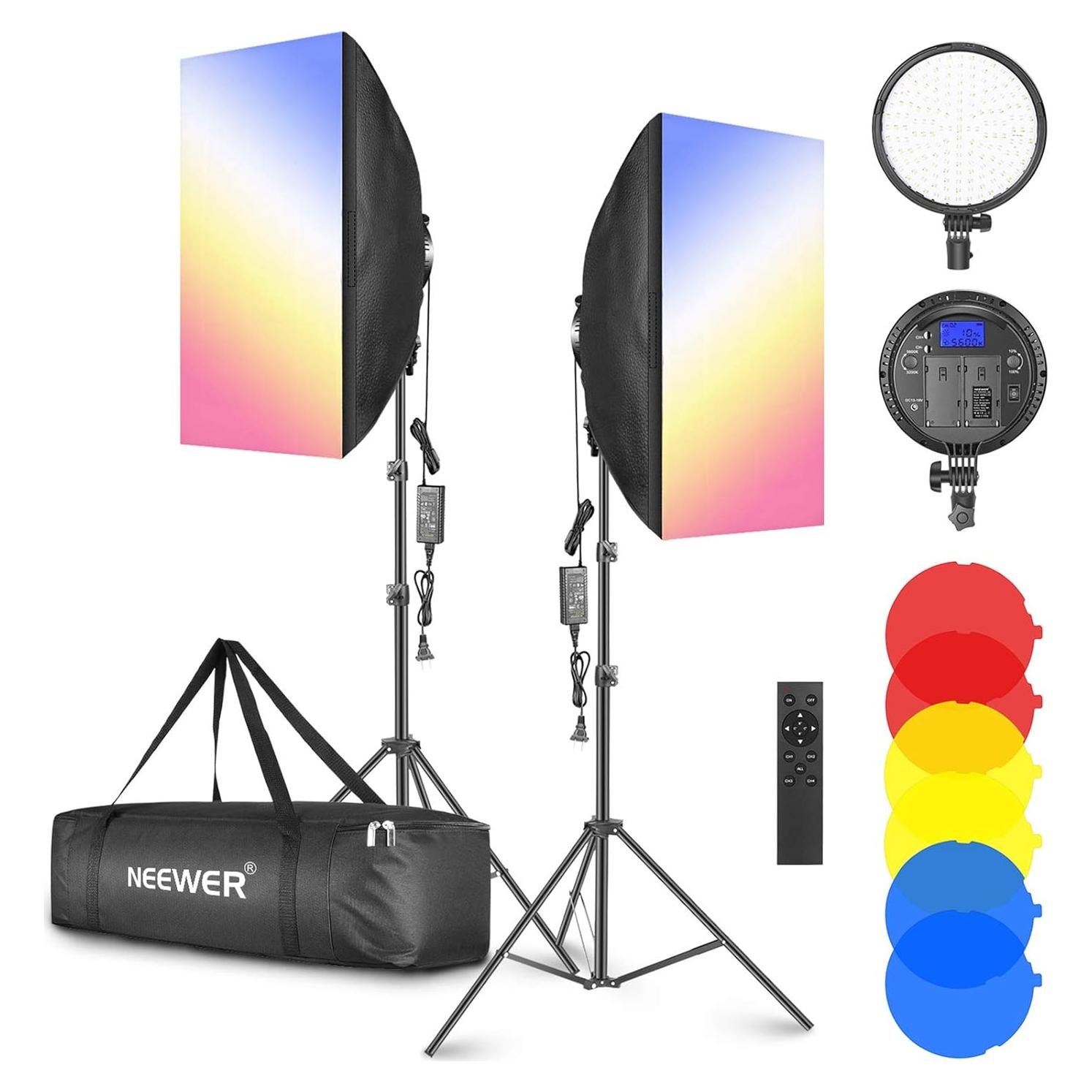 Neewer 2-Pack 2.4GHz LED Softbox Lighting Kit with Color Filter — 20” × 28” Softbox, 3200–5600K 48W Dimmable LED Light Head, 2.4GHz Remote, Light Stand & Red/Yellow/Blue Filter for Photo Studio Video