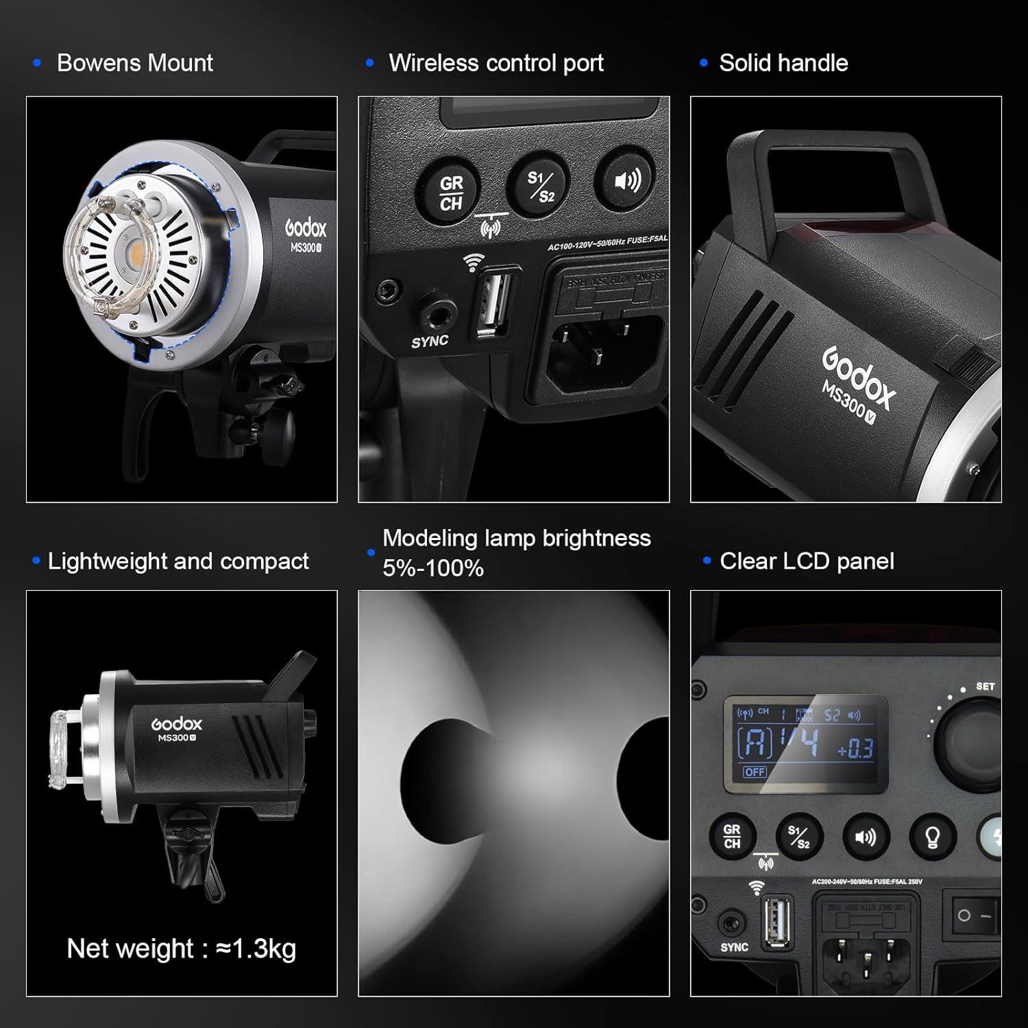 Godox MS300V 2-Pack Professional Studio Strobe Flash Light 300W Studio Flash Strobe kit 300W GN58 0.1-1.8 s Recycling time 2.4 G X-System,LED Modelling lamp 5600 ± 200K Flash Light