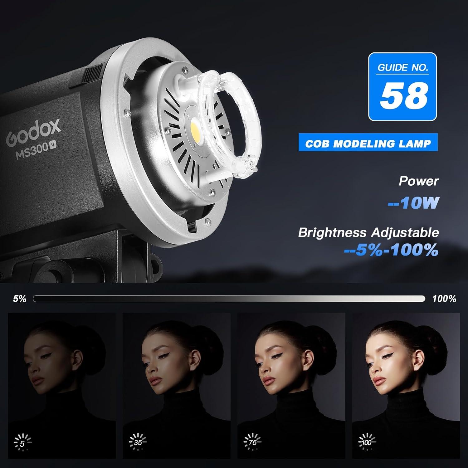 Godox MS300V 2-Pack Professional Studio Strobe Flash Light 300W Studio Flash Strobe kit 300W GN58 0.1-1.8 s Recycling time 2.4 G X-System,LED Modelling lamp 5600 ± 200K Flash Light