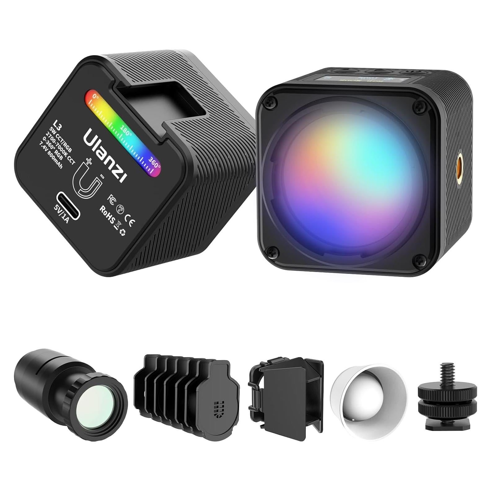 L3 RGB LED Video Light, Magnetic Camera Lighting Kit 2700K-7000K Mini Cube COB Light Dimmable Photography Fill Light with Barndoor, Fresnel Lens Cold Shoe for Smartphone,Action,DSLR Camera