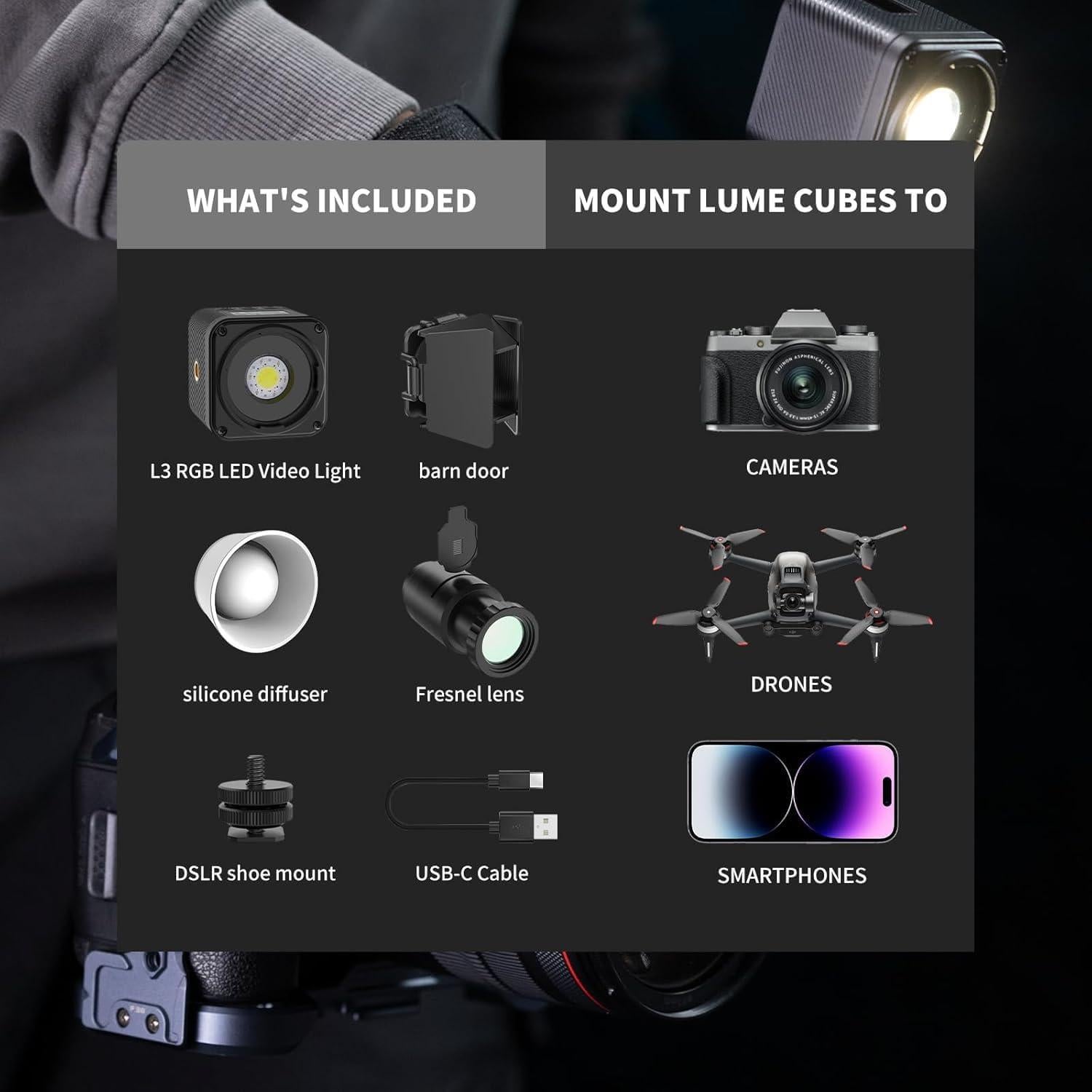 L3 RGB LED Video Light, Magnetic Camera Lighting Kit 2700K-7000K Mini Cube COB Light Dimmable Photography Fill Light with Barndoor, Fresnel Lens Cold Shoe for Smartphone,Action,DSLR Camera