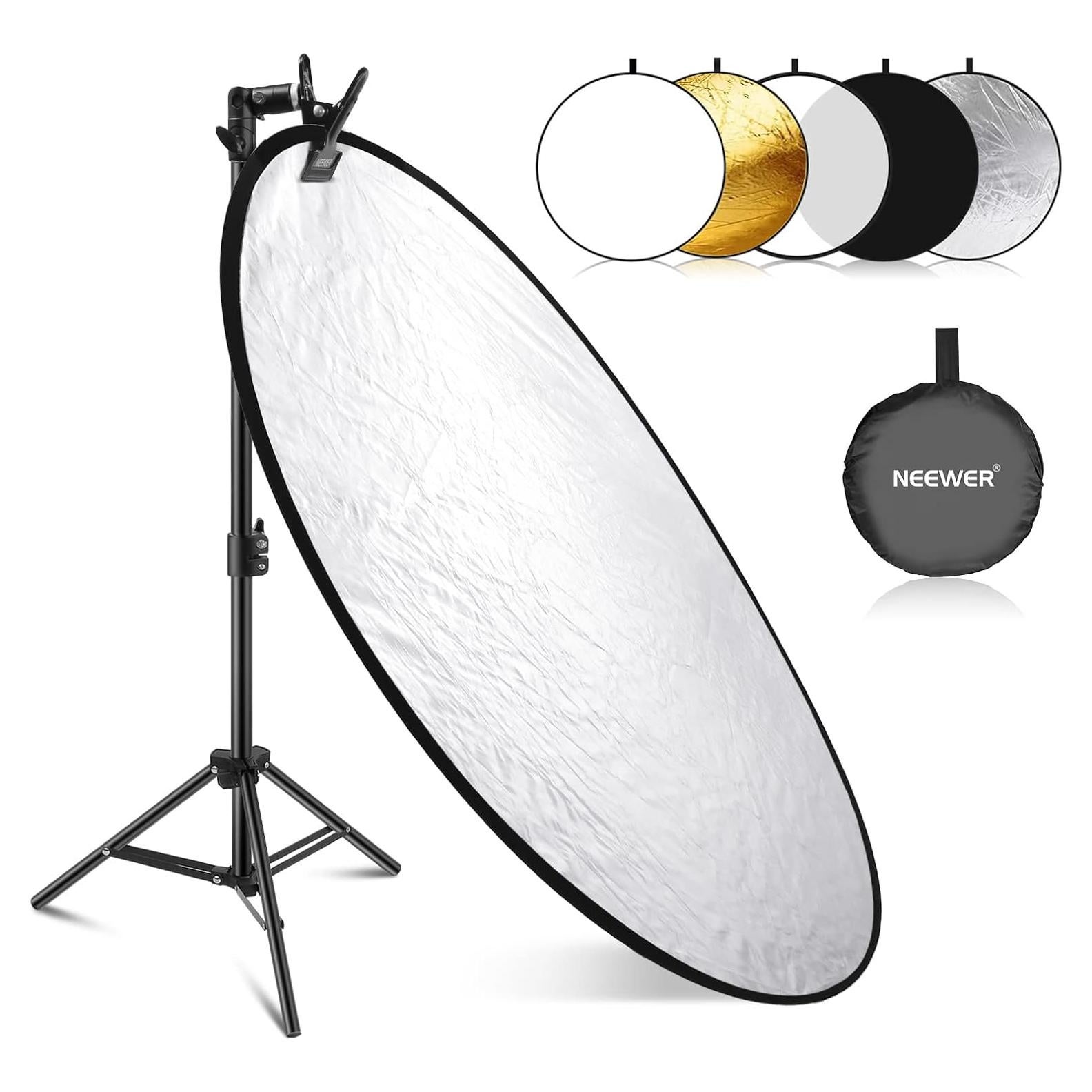 NEEWER 43"/110cm Light Reflector Kit, 5 in 1 Collapsible Round Reflector (Translucent/Silver/Gold/White/Black), Metal Clamp and 21"-43”/53-110cm Short Stand for Low Angle Children Studio Photography