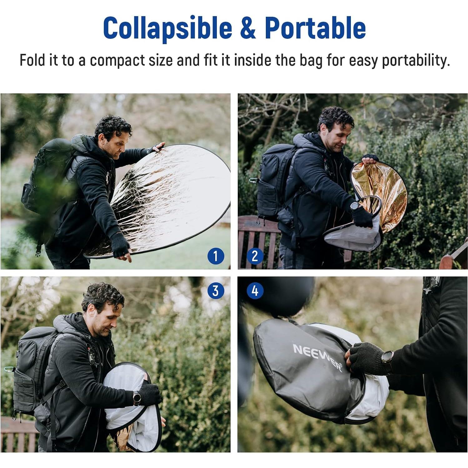 NEEWER 43"/110cm Light Reflector Kit, 5 in 1 Collapsible Round Reflector (Translucent/Silver/Gold/White/Black), Metal Clamp and 21"-43”/53-110cm Short Stand for Low Angle Children Studio Photography