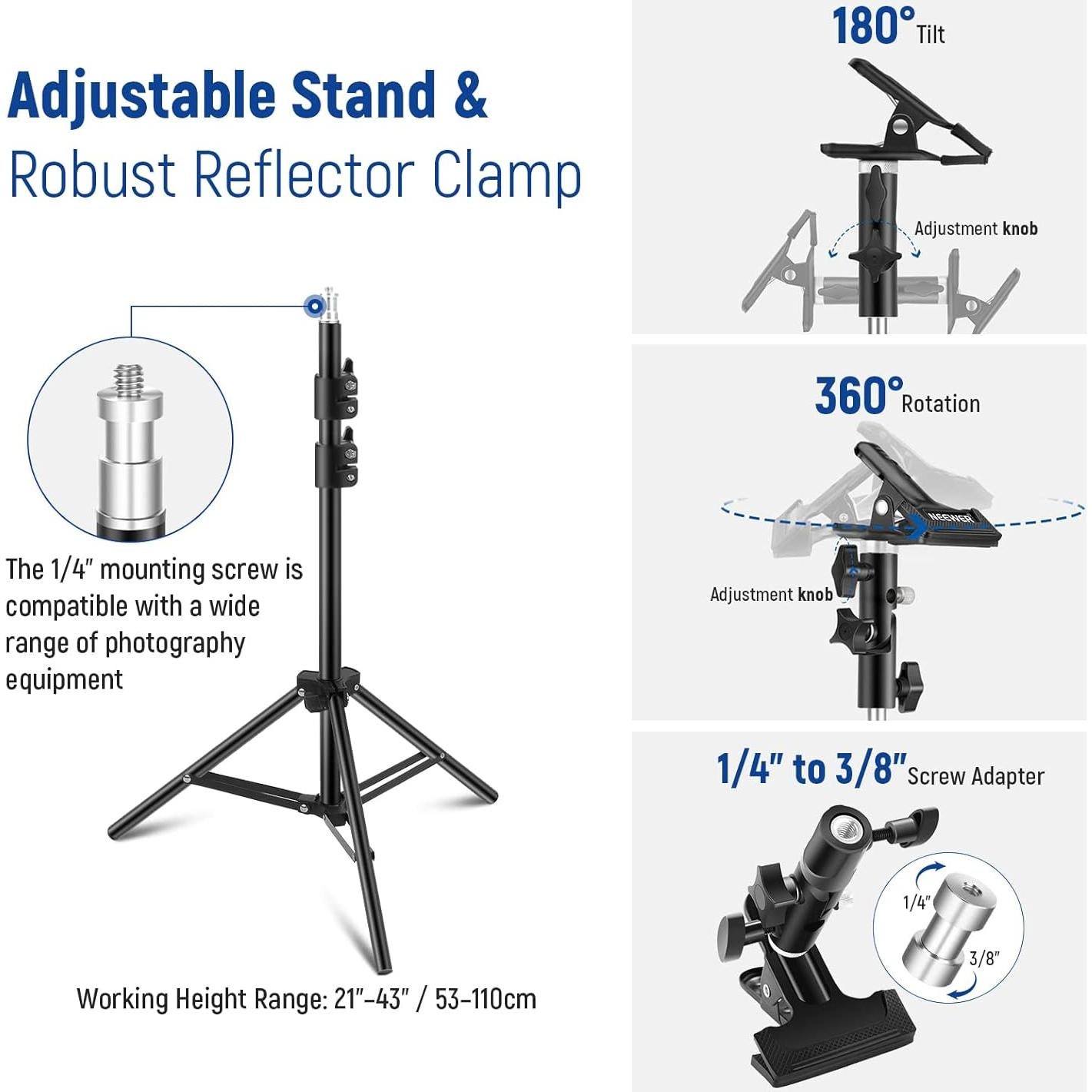NEEWER 43"/110cm Light Reflector Kit, 5 in 1 Collapsible Round Reflector (Translucent/Silver/Gold/White/Black), Metal Clamp and 21"-43”/53-110cm Short Stand for Low Angle Children Studio Photography