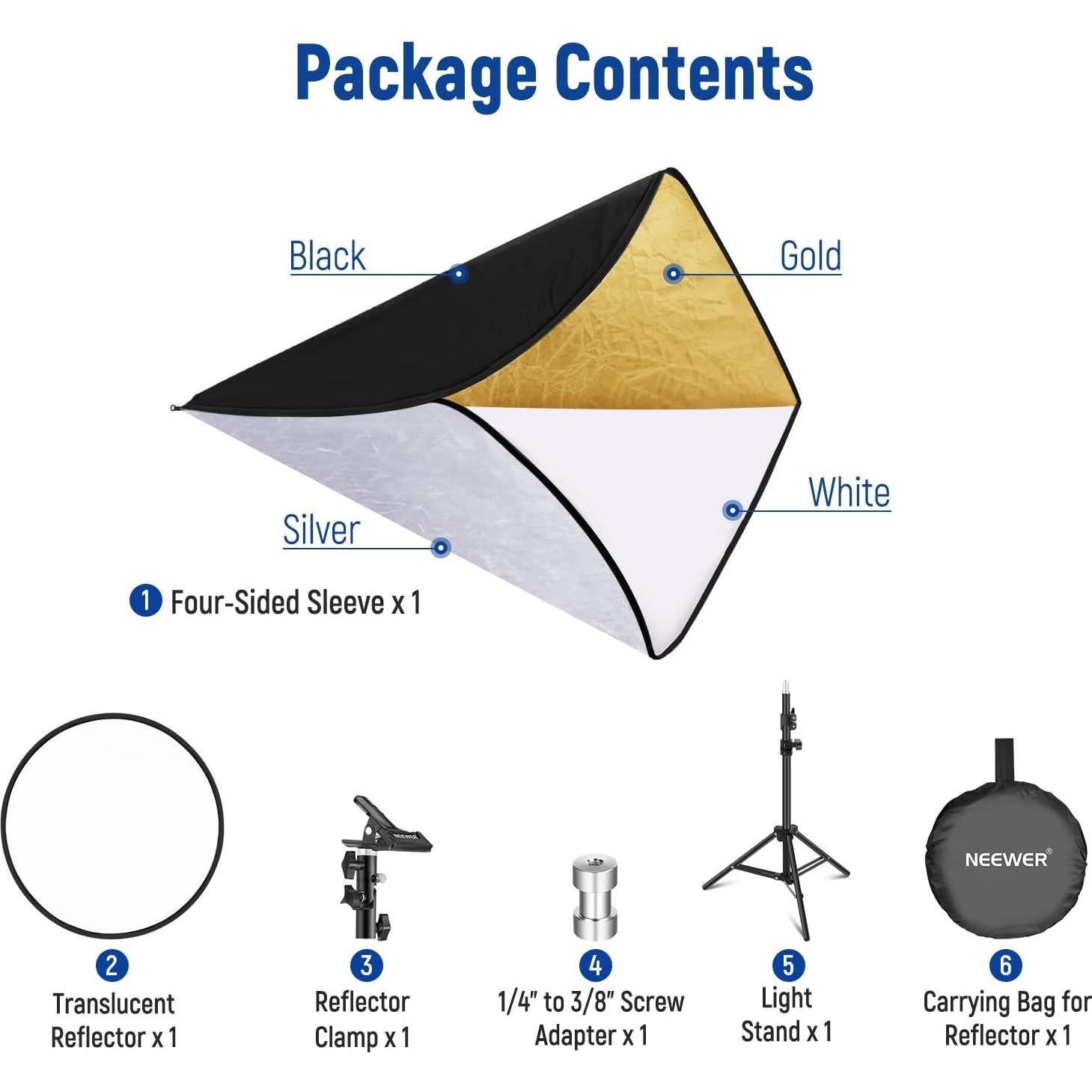 NEEWER 43"/110cm Light Reflector Kit, 5 in 1 Collapsible Round Reflector (Translucent/Silver/Gold/White/Black), Metal Clamp and 21"-43”/53-110cm Short Stand for Low Angle Children Studio Photography