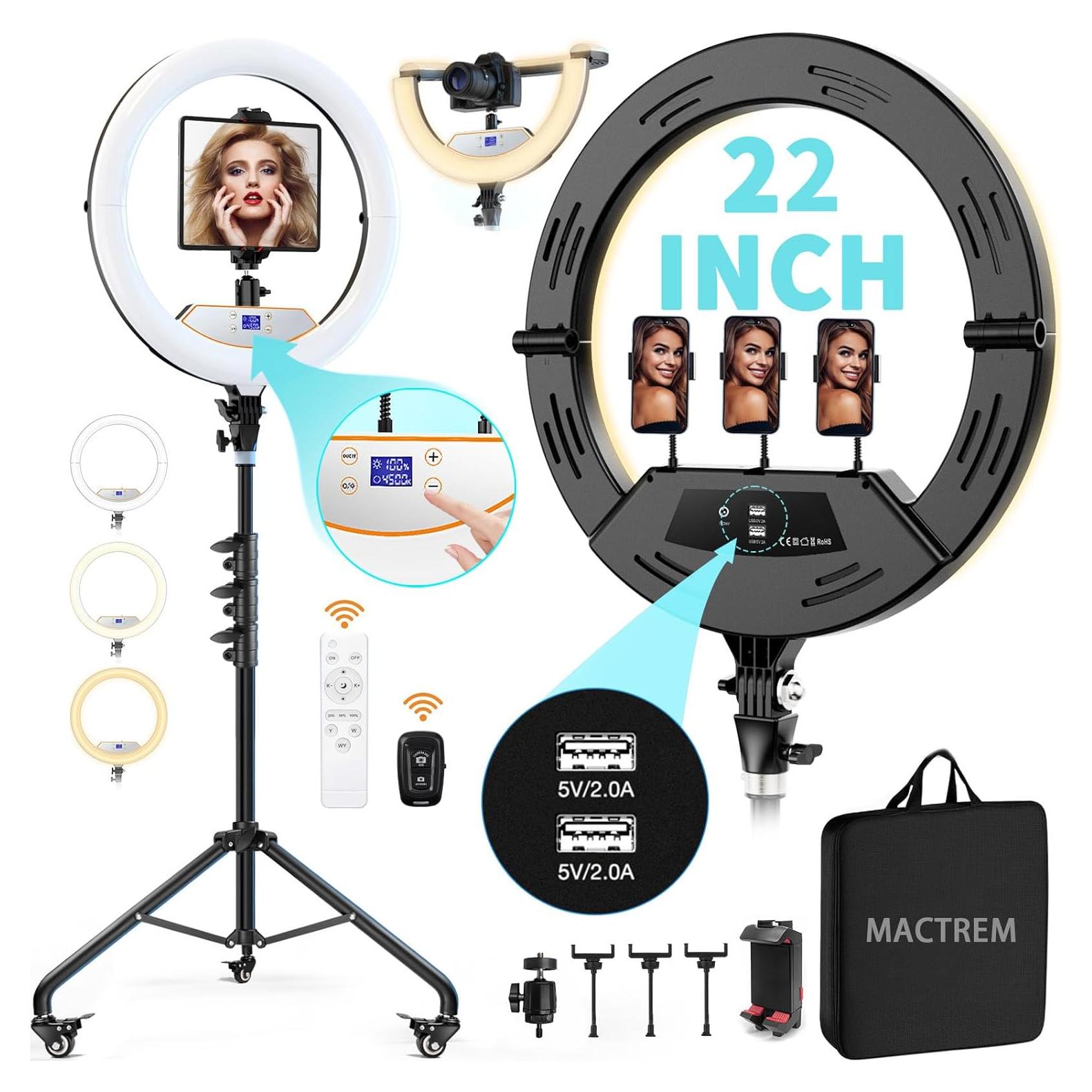 MACTREM 22" Foldable Ring Light with Stand for iPhone ipad, 75" Tripod with Wheels 50W 6500K LED Display/2 USB Ports Large Ringlight Rolling, Tattoo Barber Makeup Studio Video Photography Lighting