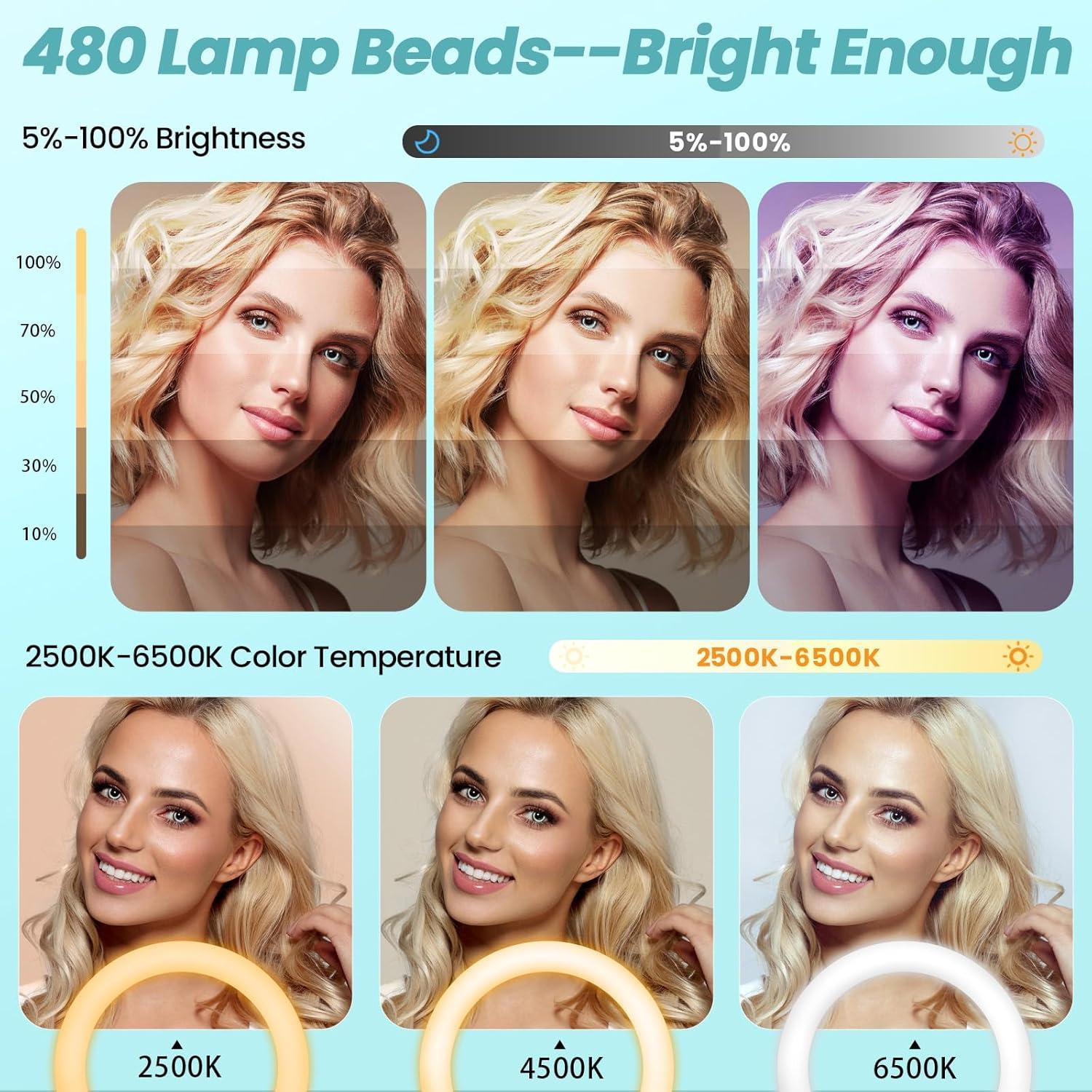 MACTREM 22" Foldable Ring Light with Stand for iPhone ipad, 75" Tripod with Wheels 50W 6500K LED Display/2 USB Ports Large Ringlight Rolling, Tattoo Barber Makeup Studio Video Photography Lighting