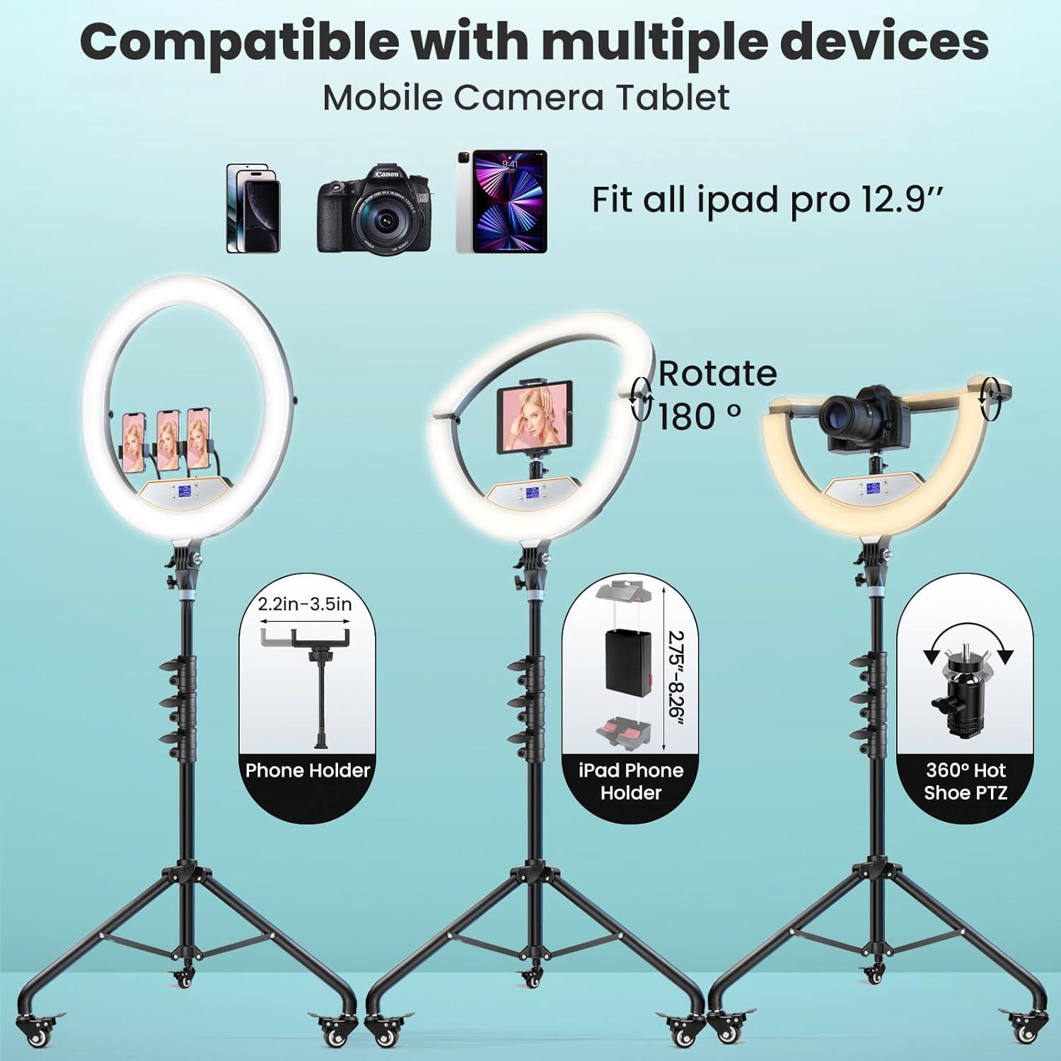 MACTREM 22" Foldable Ring Light with Stand for iPhone ipad, 75" Tripod with Wheels 50W 6500K LED Display/2 USB Ports Large Ringlight Rolling, Tattoo Barber Makeup Studio Video Photography Lighting