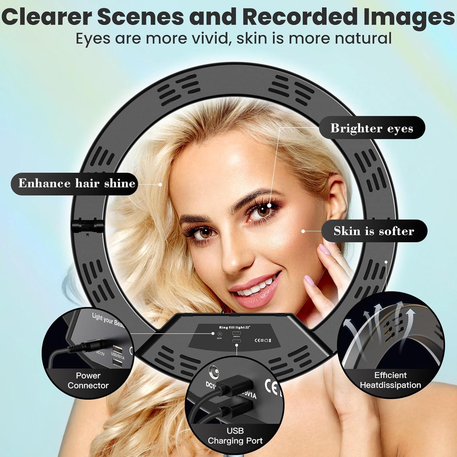 MACTREM 22" Foldable Ring Light with Stand for iPhone ipad, 75" Tripod with Wheels 50W 6500K LED Display/2 USB Ports Large Ringlight Rolling, Tattoo Barber Makeup Studio Video Photography Lighting